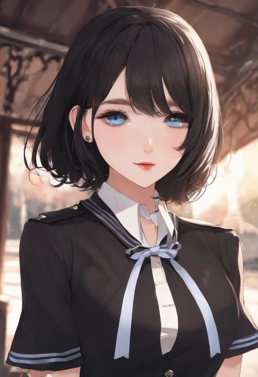 Girl, Short black hair, eBlue eyes, wearing a high school uniform,