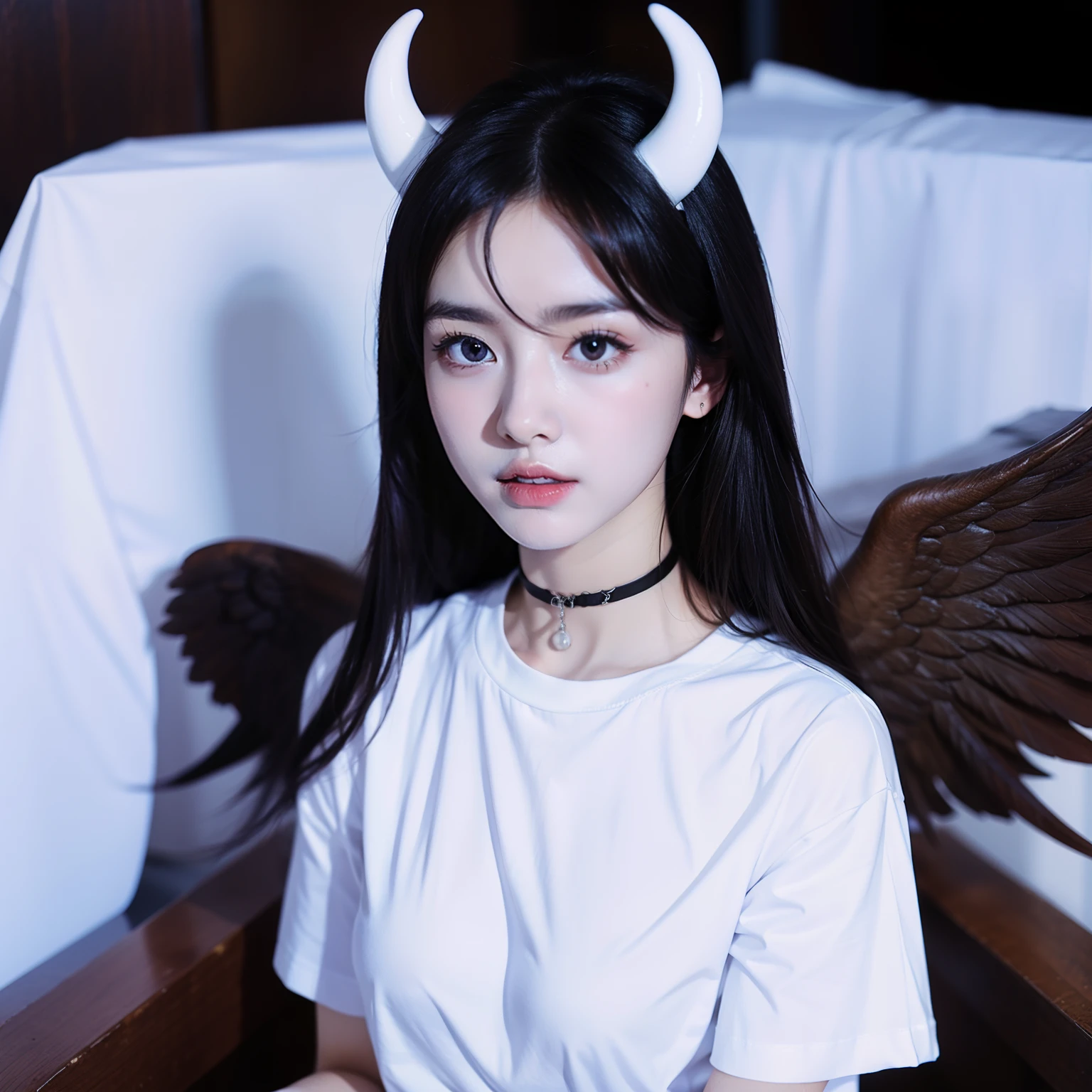 1 girl, wearing white t shirt, lewd, demon horns, wings, black wings, stand, angel, halo angel, halo, choker slave, virgin mary, in the box