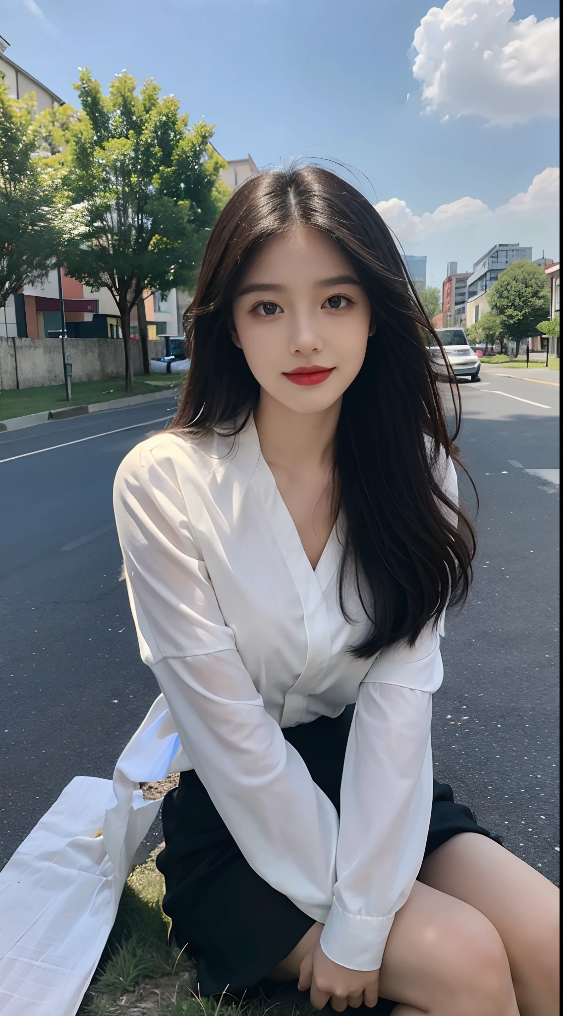 ((Best Quality, 8K, Masterpiece:1.3)), A beautiful girl, pure, melon face, gentle and cute, sweet smile, pure desire, thin figure, (frontal), (tilted head), looking directly at the camera, uniform, obi, formal, black silky long straight hair, long hair flowing over the shoulders, round black big eyes, clear big eyes, moist red lips, sweet, sitting on the side of the road, blue sky and white clouds, grass, buildings,