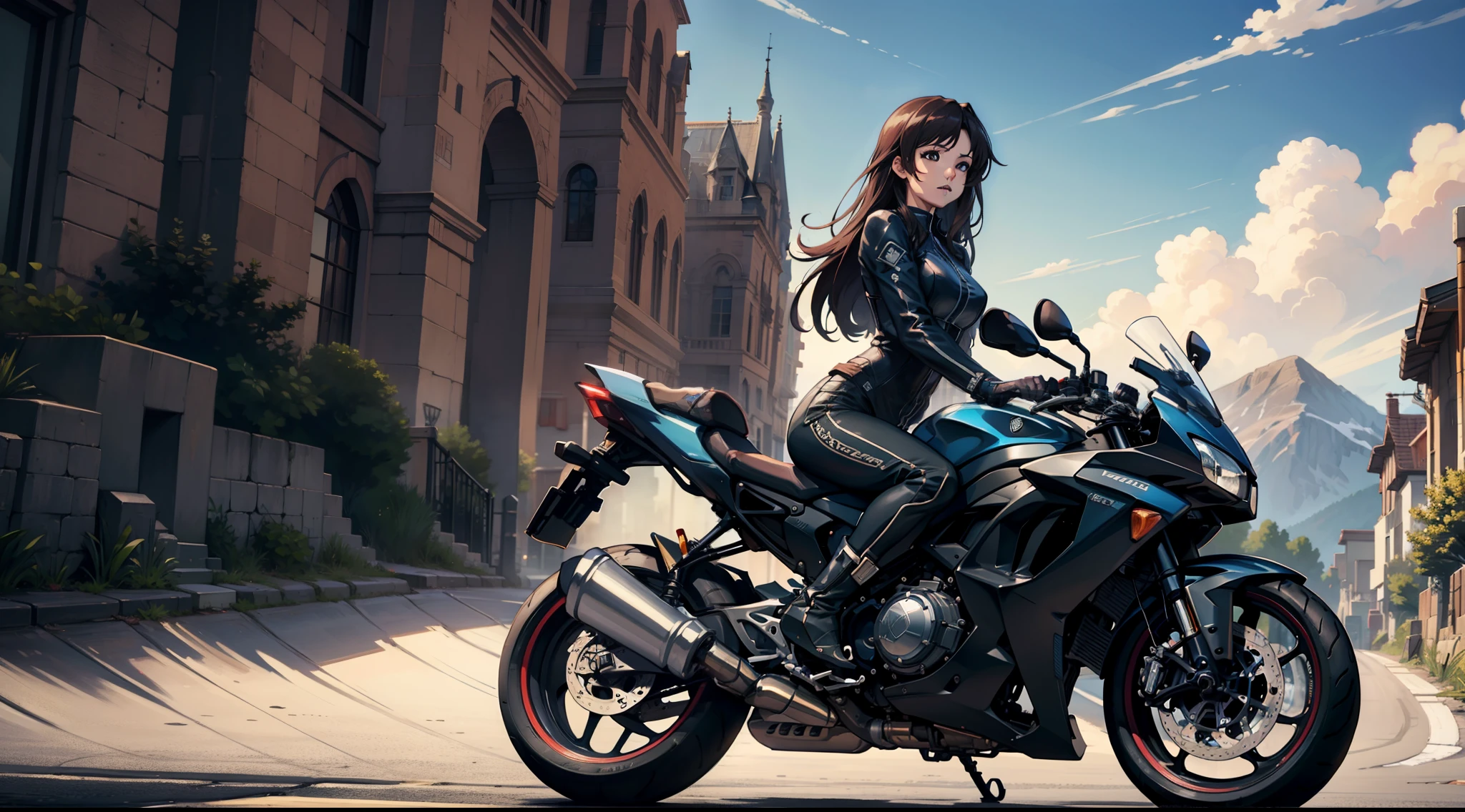 A beautiful woman is on her motorcycle on the road on a trip in a wonderful country, a sunny day, intricate details, soft light, dynamic composition, panoramic view, high definition, high resolution, anime style