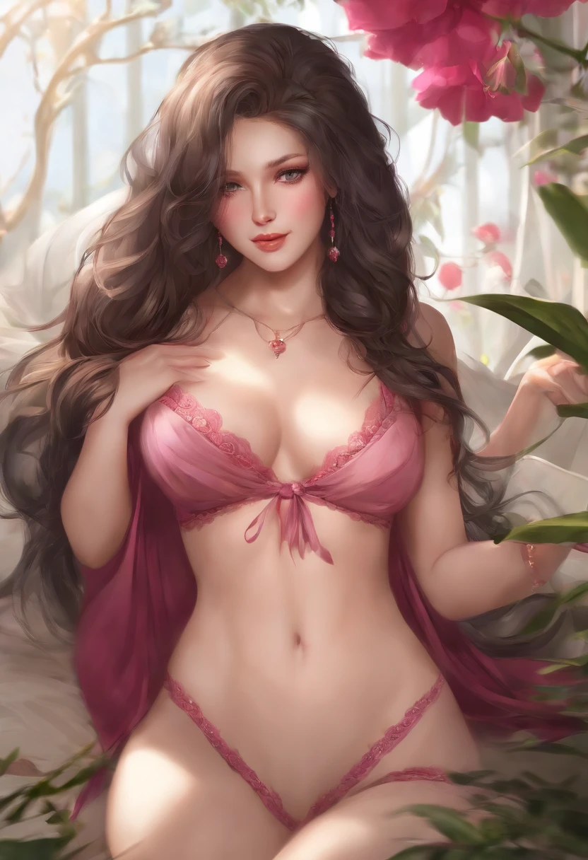 mujer anime, hermosa, ecchi, topless, pelo rosa, curvas definidas, grandes pechos, piel mojada