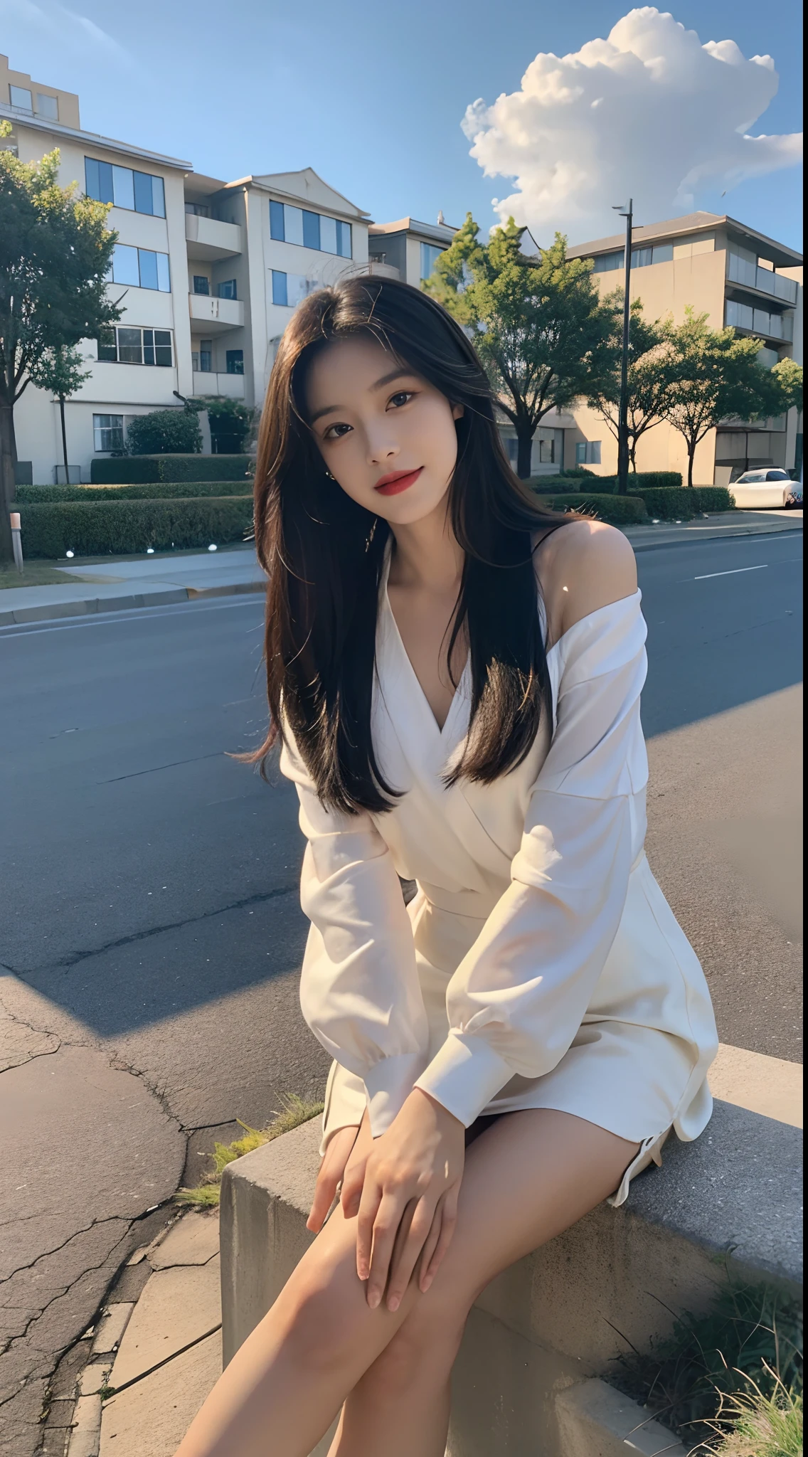 ((Best Quality, 8K, Masterpiece:1.3)), A beautiful girl, pure, melon face, gentle and cute, sweet smile, pure desire, thin figure, (frontal), (tilted head), looking directly at the camera, uniform, obi, formal, black silky long straight hair, long hair flowing over the shoulders, round black big eyes, clear big eyes, moist red lips, sweet, sitting on the side of the road, blue sky and white clouds, grass, buildings,