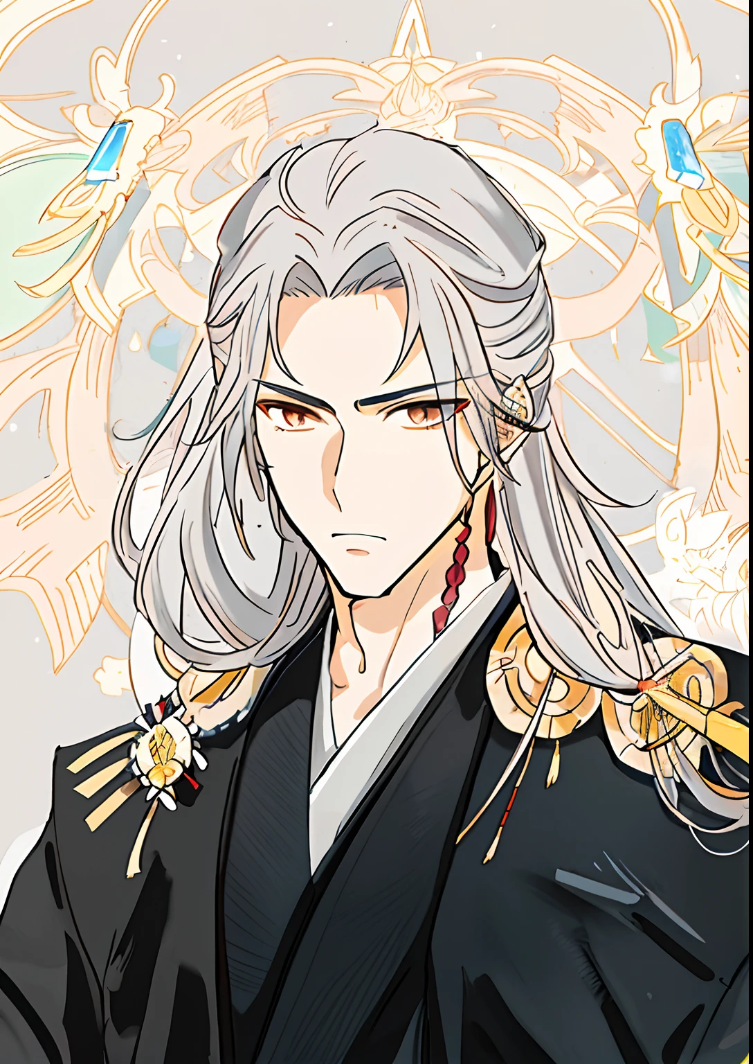 Close-up of a man with long hair and black robes, taisho roma, handsome guy in demon killer art, shirow masamune, inspired by Sakai Hōitsu, sengoku - era art style, Inspired by Seki Dosheng, he has dark grey hairs, inspired by Tōshūsai Sharaku