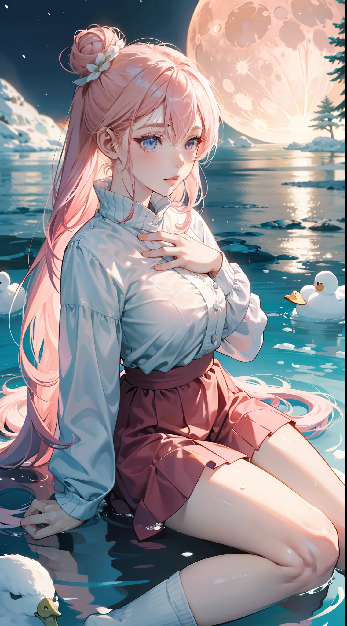 1个Giant Breast Girl,A high resolution,looking at viewert,Get wet,Short socks,lense flares,long whitr hair,Unilateral bun,Pink hair,((Watery eyes)),Hands on the floor,duck sitting,(Winters),(themoon),flower sea,Ice and snow