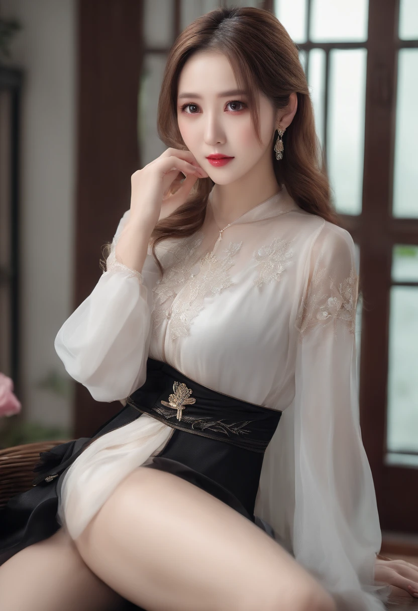 top-quality、Official art、extremely detailed CG unified 8k wallpaper、huge filesize、ighly detailed、hight resolution、ighly detailed、a beautiful detailed girl、extremely detailed eye and face、beautiful finely detailed eyes、Facial light、movie lights、(frombelow:1.3)、(point of view:1.2)、looking at the spectator、Korean Beauty、fully body photo、Braids、droolng、Very gigantic-breasts、Open legs、sexual excitement、Sex Expressions、A slender、Sensational、seductiv、Sexual attraction、high-heels、Big hips、thick thight、(Hanfu:1.1)、early evening、Wearing only a skirt、unwear、no clothe、witheout panties、Very gigantic-breasts、sitting on a bed、Open your legs、Arms raised above your head、In a seductive pose