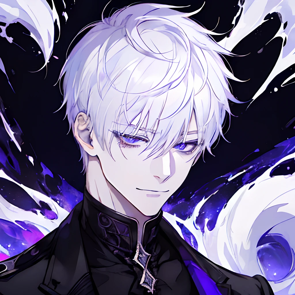 1 boy、A white-haired、purplish white eyes、maniacal grin、closed mouth、short messy hair、Portrait 、handsome 、heterochromia 、hair covering right eye、Evil grin、black trenchcoat、highest quality resolution、 absolutely stunning art
