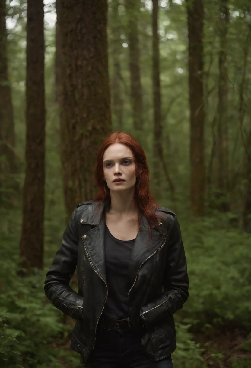 (A night in a dark forest:1.3). The woman, (Tormented by lust:1.3), (knee-deep in a swamp). wet jeans, leather jacket, (emaciated face:1.4), (dehydrated face:1.5), (outcast, lust:1.6), Copper-red hair