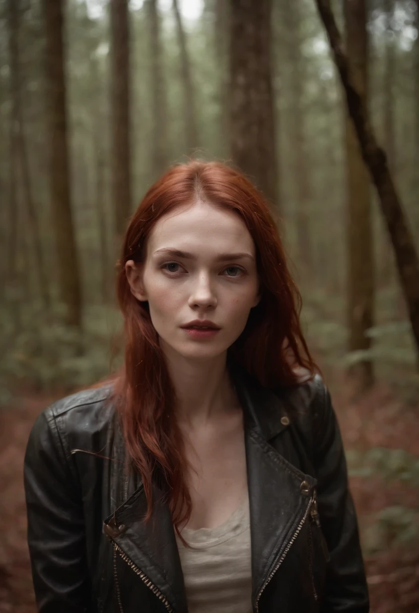 (A night in a dark forest:1.3). The woman, (Tormented by lust:1.3), (knee-deep in a swamp). wet jeans, leather jacket, (emaciated face:1.4), (dehydrated face:1.5), (outcast, lust:1.6), Copper-red hair