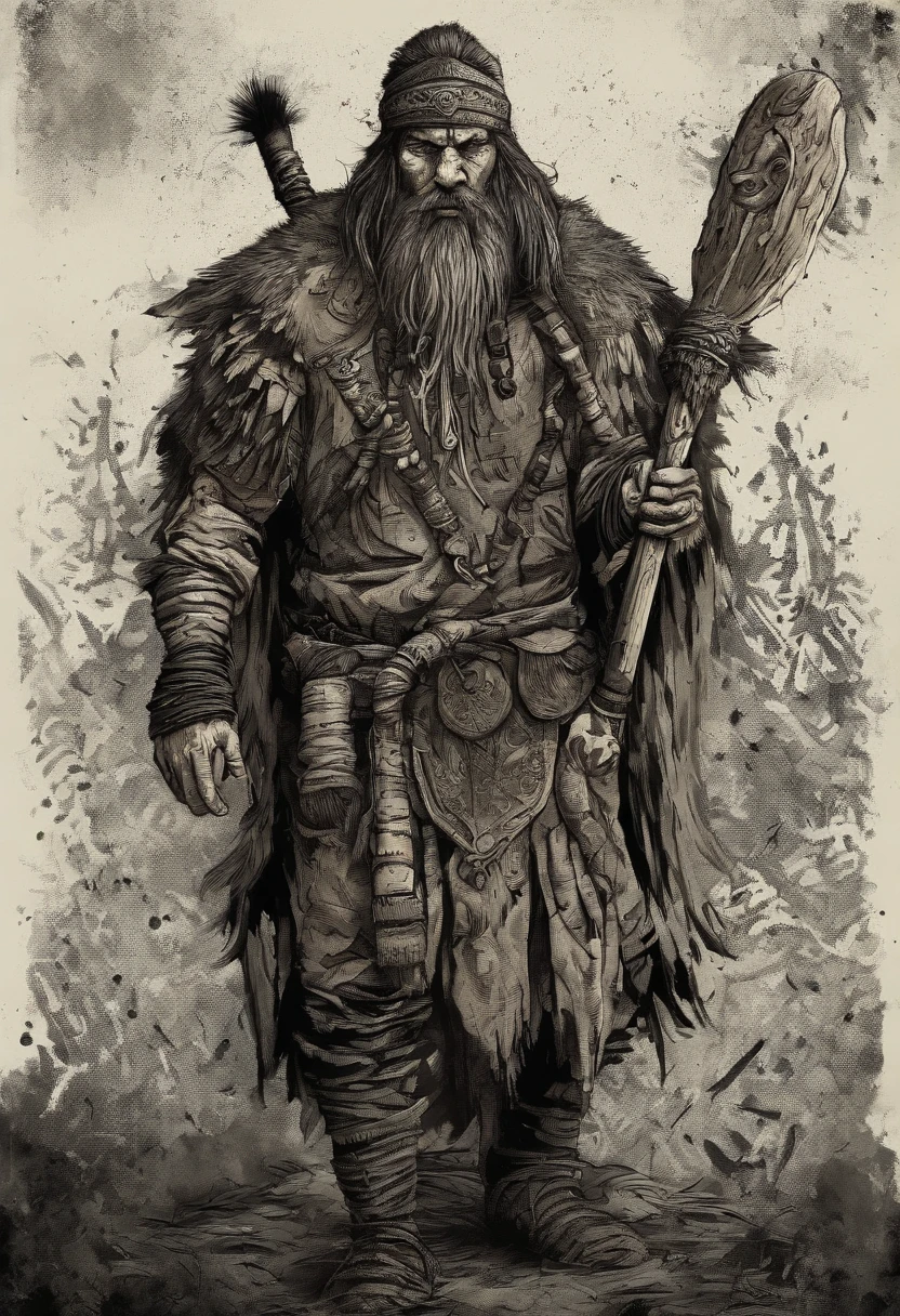 dirty viking shaman,illustration,detailed background,ancient mystical artifacts,battlescars,mysterious aura,mud-covered robe,weathered staff,heavy beard,aged face,wrinkled skin,burning eyes,gritty atmosphere,harsh lighting,earthy tones,spiritual energy,strong contrast,high-res.