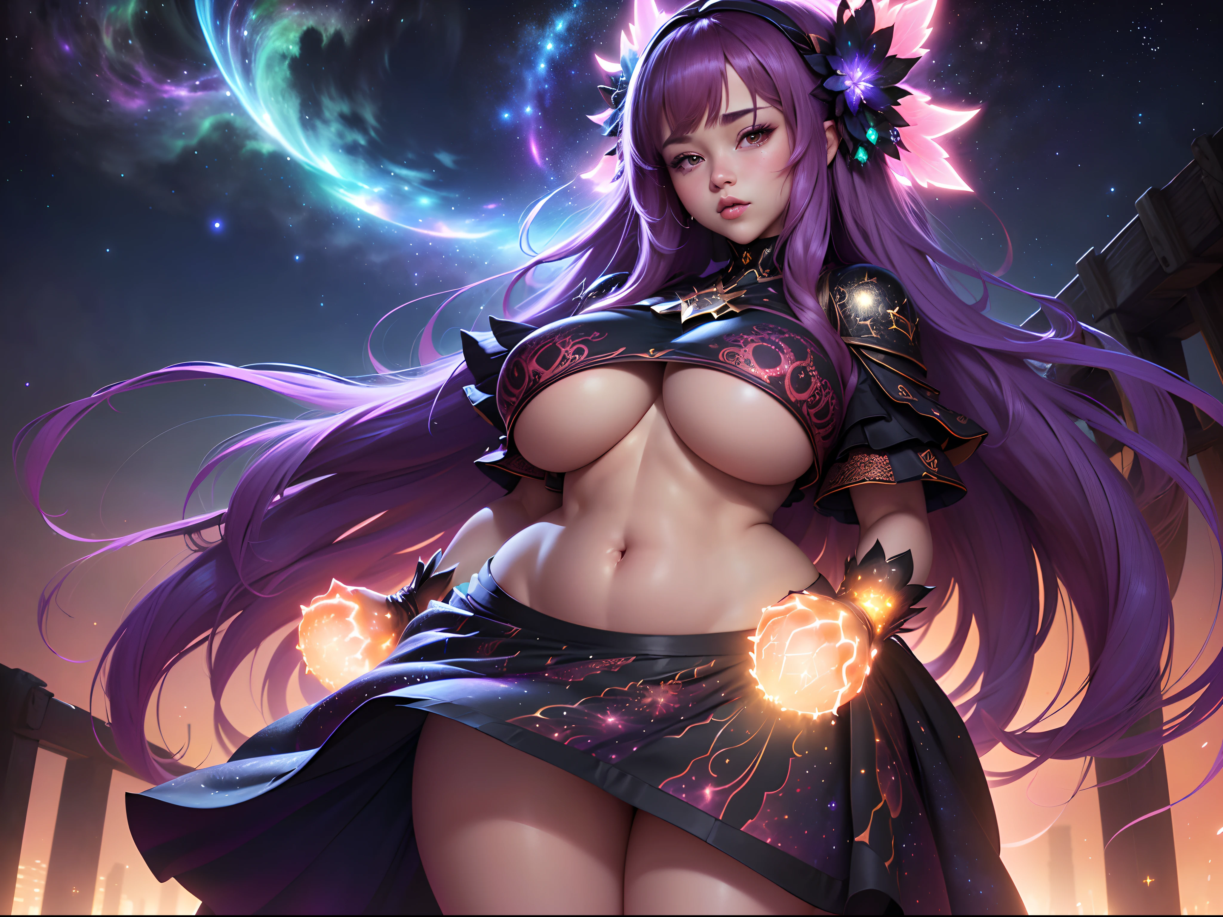 long hair, short vivid intricate clothing, skirt, crop top, Thick thighs, (busty babe), (curvy), standing outside in the middle of a bridge, gigantic breast , hands closed,  melonccholy, nudity, low light, night, glowing particles, ((glowing halo)) around her, Night sky filled with stars, nebulae, vivid light, supernova