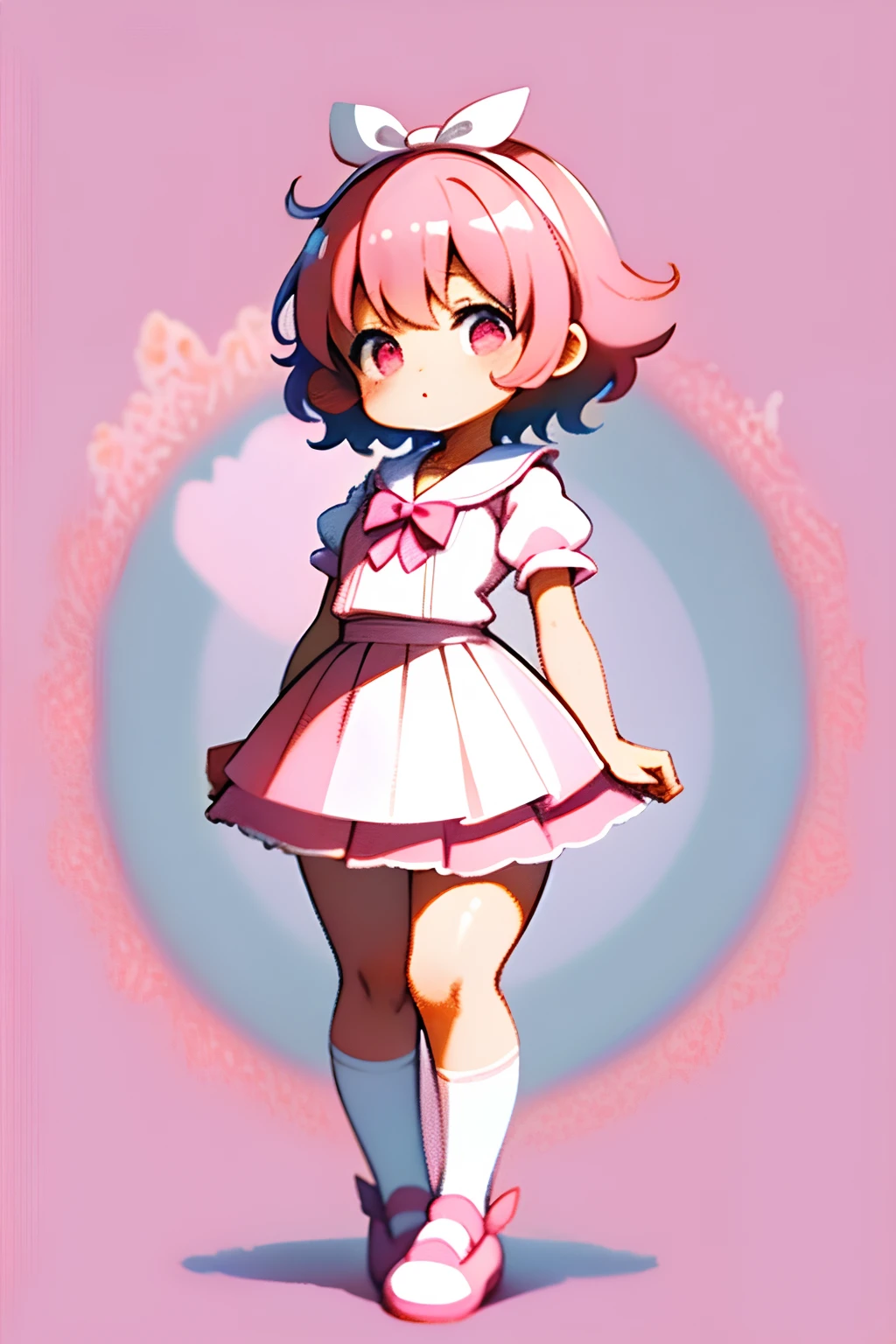 tmasterpiece，high high quality，Cute little **** girl，small curvaceous ****，Short pink hair，(Pink eyes)，White sailor suit，Pink bow on chest，Short white dress，（Pink and white striped over-the-knee socks），Confused expression， simplebackground