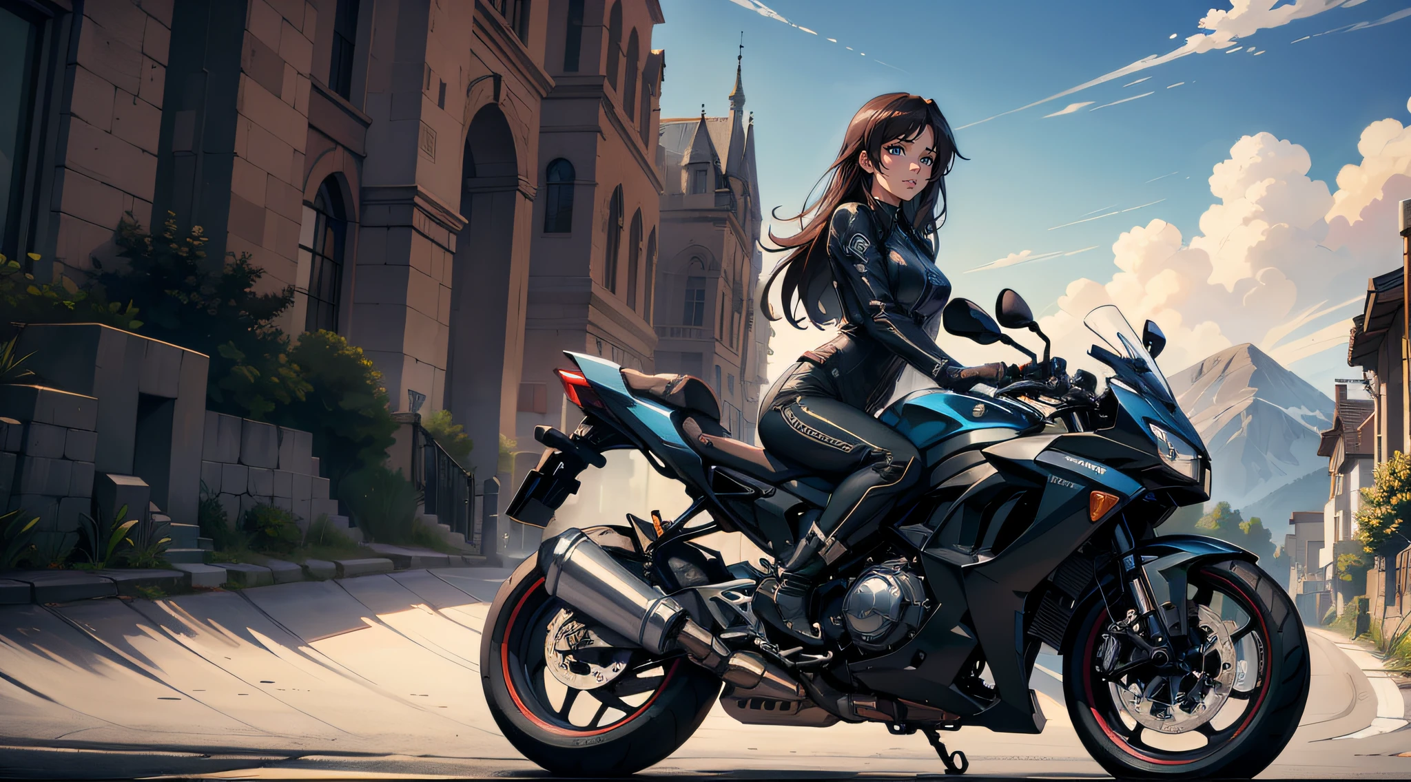 A beautiful woman is on her motorcycle on the road on a trip in a wonderful country, a sunny day, intricate details, soft light, dynamic composition, panoramic view, high definition, high resolution, anime style