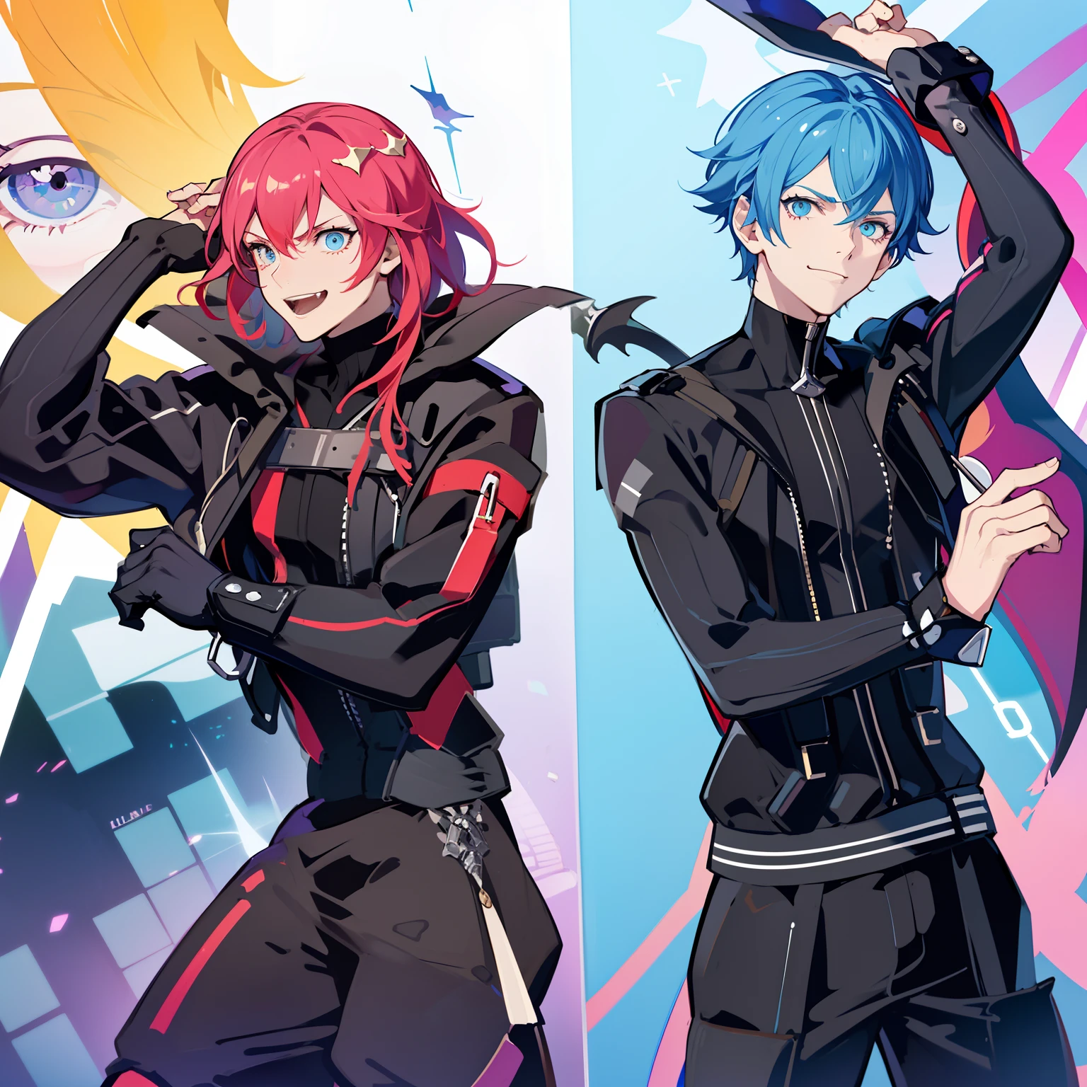 Evil twin Kisikilnas as a boy, Long pink hair, devious smile ,kisikilevil, Evil twin Lila as a boy, long Blue hair, ((2boy s)), high quality, masterpiece, high Aesthetic , lillaevil, Phantom thieves , partners, dynamic poses