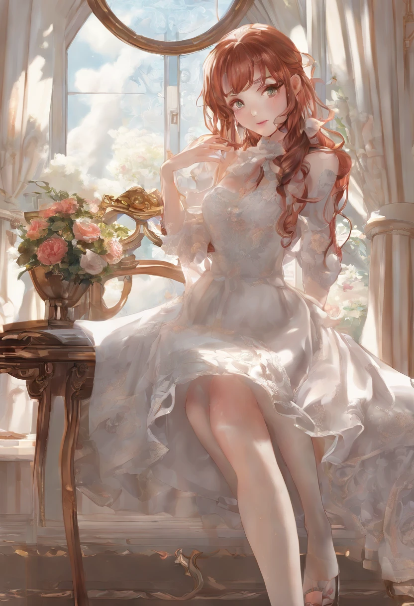 {{masterpiece}},illustration,best quality,extremely detailed CG unity 8k wallpaper,1girl_solo, full_body, from_below, looking_at_viewer, pantyhose:1.2, (no shoes:1.3),chair,twintail,red hair,braided bangs,Sexy and charming panties,revealing dress,window,(Close-up of the foot),hair_ribbon,strong rim light,cameltoe,