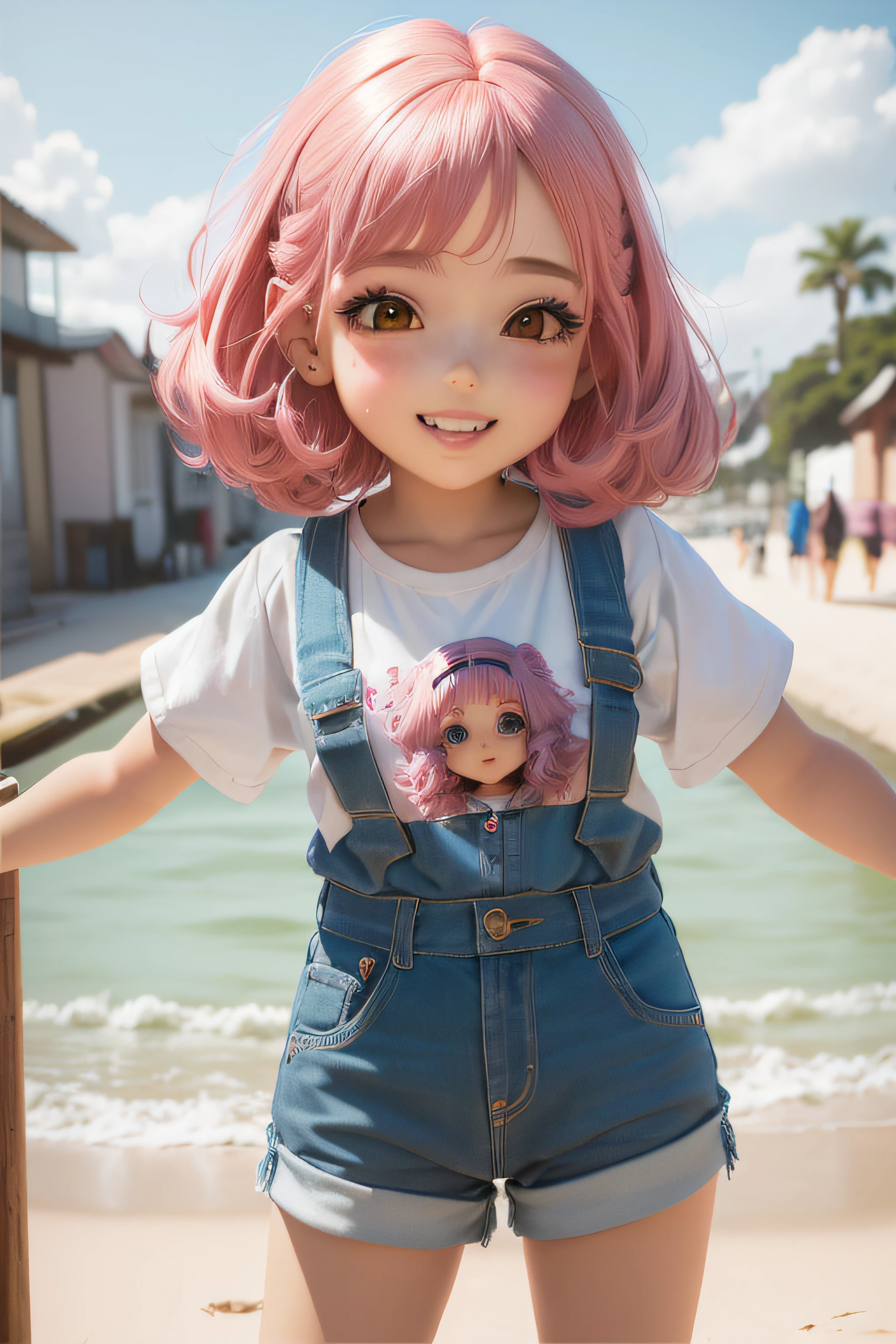 There is a doll that is on the beach with pink hair, kawaii retrato realista, Estilo anime 3D realista, bonito com cabelo rosa curto, meninai bonito, render de uma menina animenito, painting digital adorable, photorealistic anime girl rendering, anime estilo 3d, Menina anime na vil, 3 d anime realista, anime fotorrealista