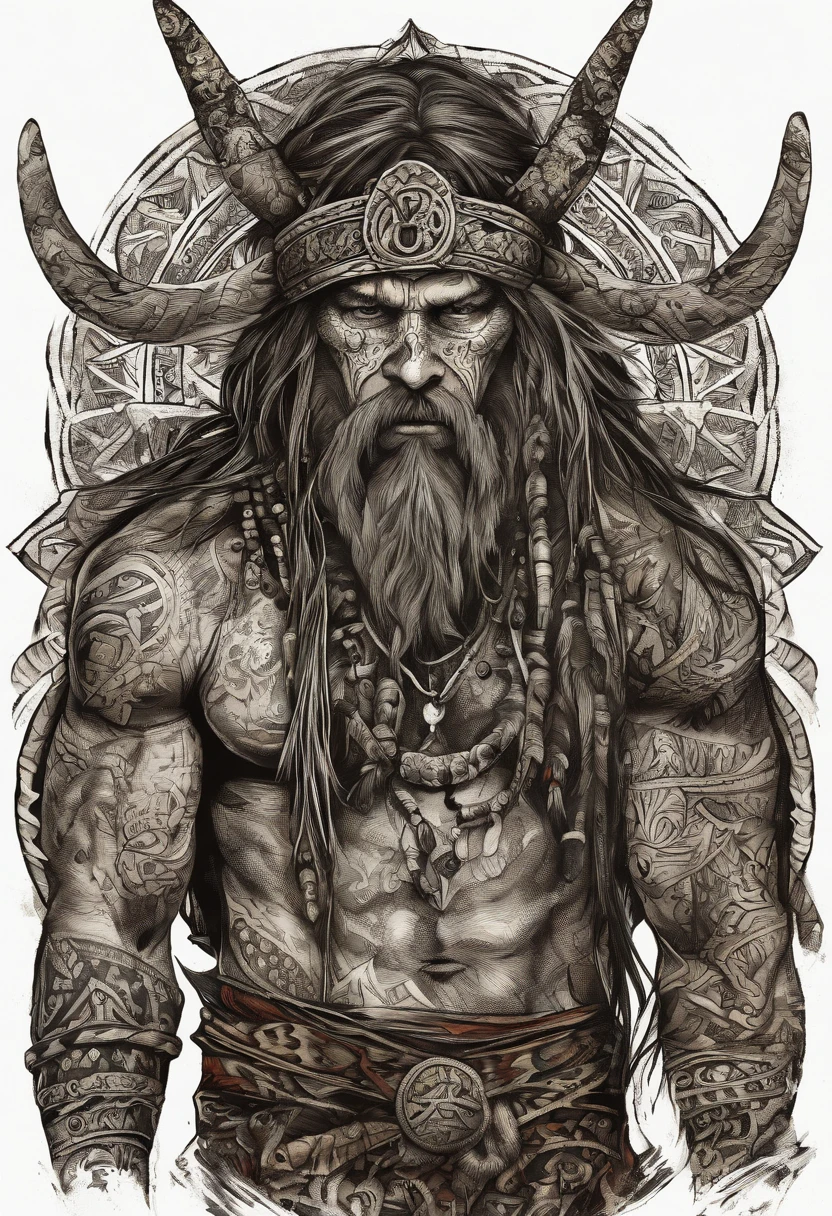 (best quality,4k,8k,Altas,master part:1.2),ultra-detalhado,(Realistic,fotorrealista,photo-realistic:1.37),Tattooed white-haired Viking shaman,tem tatuagens azuis brilhantes,illustration,antigo,fierce expression,rosto desgastado,tinta de guerra azul,corpo coberto de tatuagens intrincadas,sharp facial features,muscular build,wielding a magical staff,Runas brilhantes,Standing in a snowy landscape,Snow falling gently from the sky,nevasca ao longe,capa de pele fluindo ao vento,postura determinada,cristais de gelo se formando em seu peito nu,cores vibrantes,aura poderosa,Mythical creatures in the background,capturing a moment of her invoking the forces of nature,Exuding strength and wisdom.