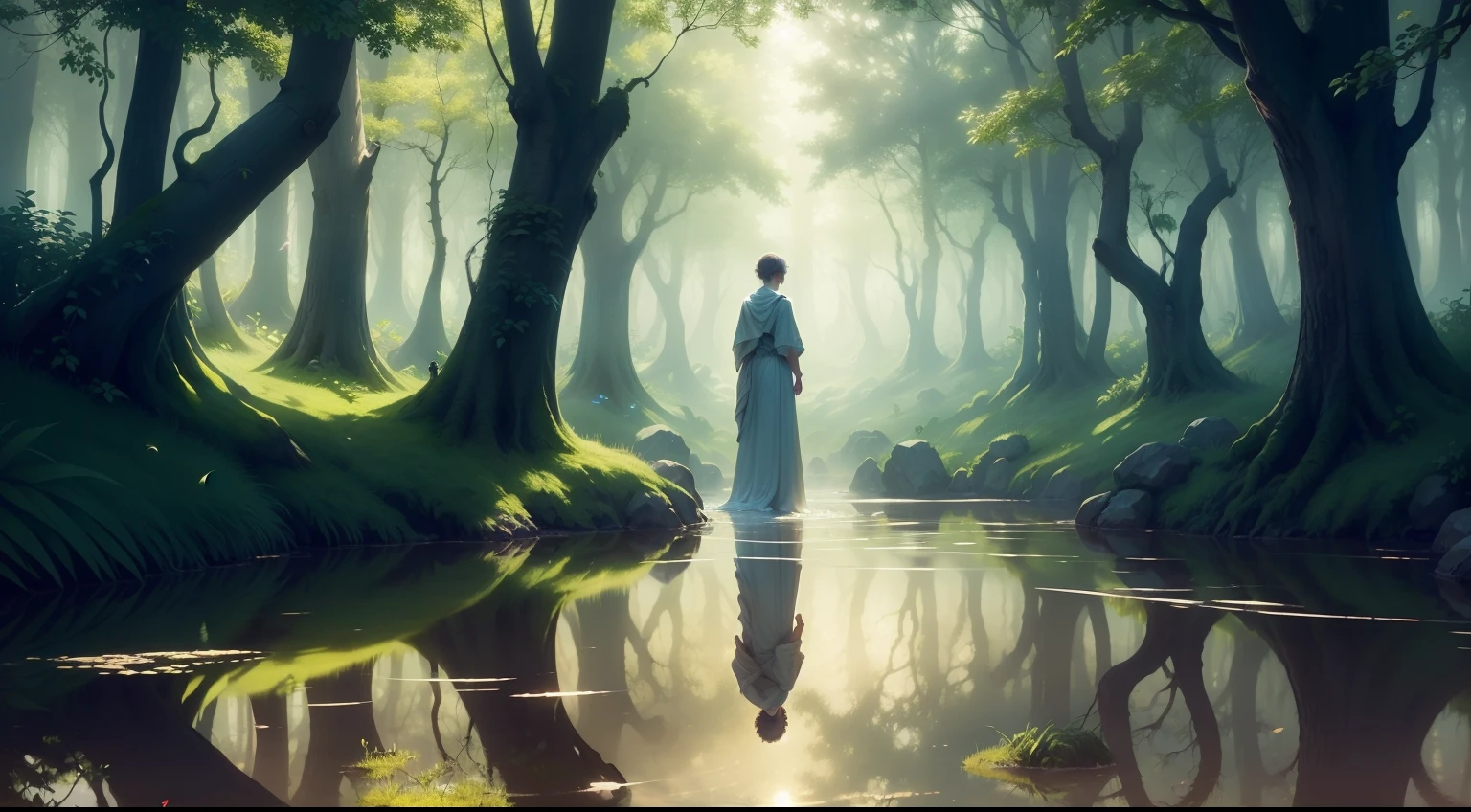 narcissus,walking through the forest,encounter his reflection,in a tranquil pond,mythology,fantasy art,ethereal,ethereal lighting,beautiful nature,sunlight through trees,reflection of trees,serene atmosphere,rippling water,solitude,mirror-like surface,calm and peaceful,nymphs,humming of birds,subtle breeze,green foliage,misty atmosphere,soft shadows,greek mythology,mythical creatures,lush vegetation,delicate flowers,shimmering water,ethereal aura,stunning visuals,surreal,reflective pool,fairy tale ambiance,dreamlike,enchanted forest,pristine beauty,whispering leaves,harmonious tranquility