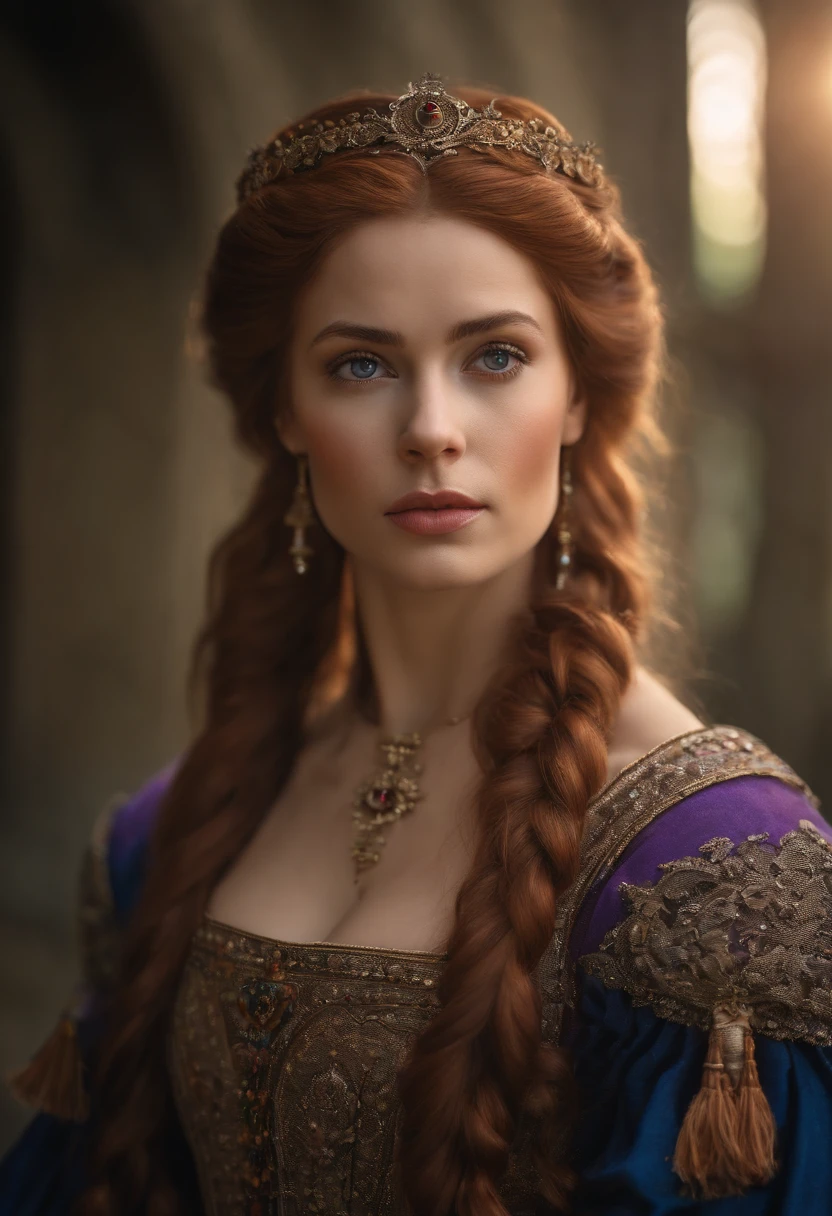 Realistic photo, a realistic photo of 30yo adult medieval woman queen wearing a purple dress, red hair, medieval castle, blue eyes, perfect nose, round face, straight eyebrow,(1girl), (extremely detailed CG unity 8k wallpaper), photo of the most beautiful artwork in the world, professional majestic, (big-breasted:1.6) (photography by Steve McCurry), 8k uhd, dslr, soft lighting, high quality, film grain, Fujifilm XT3 sharp focus, f 5.6, High Detail, Sharp focus, dramatic, (looking at viewer:1.2), (detailed pupils:1.3), (natural light),full body.