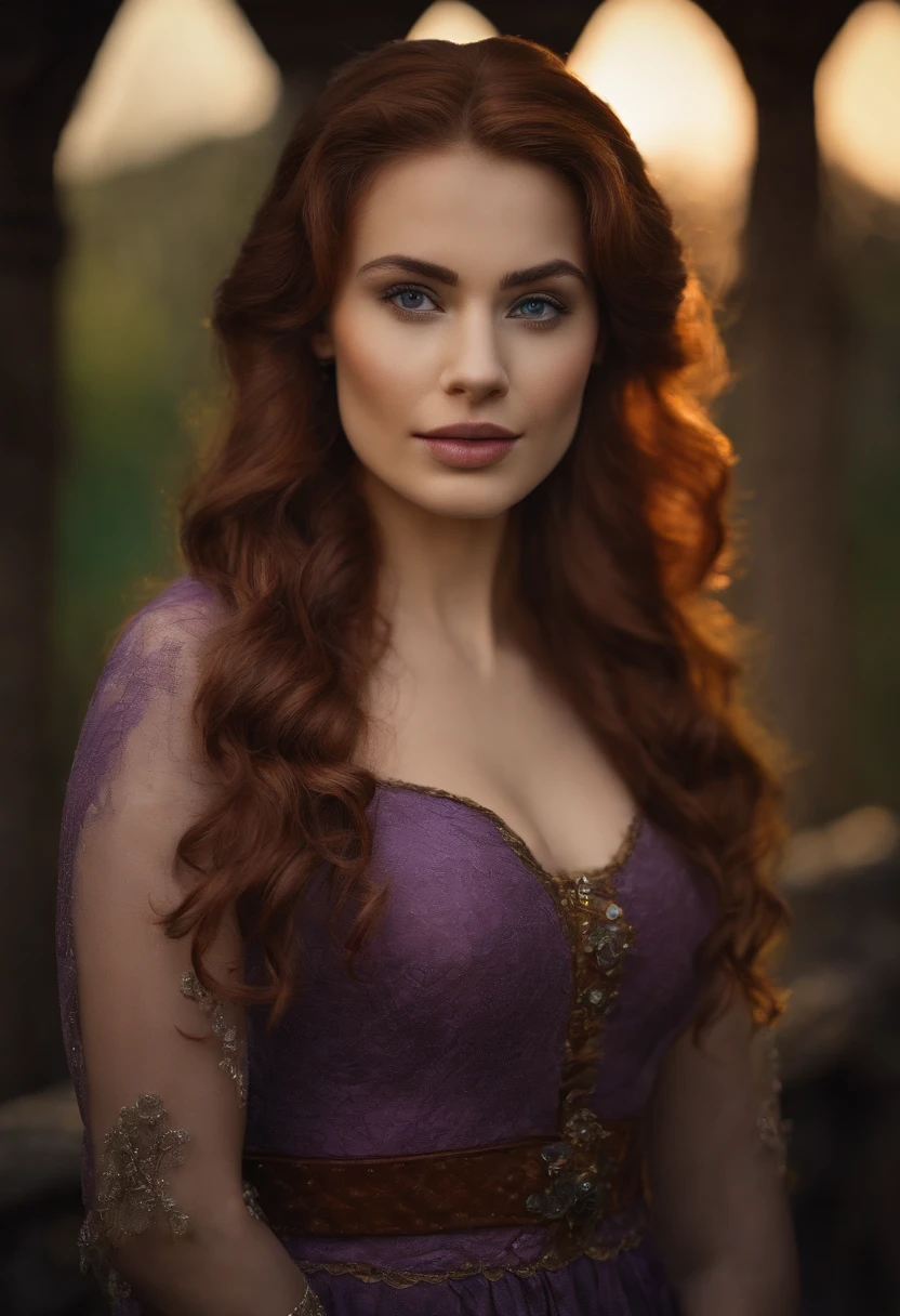 Realistic photo, a realistic photo of 30yo adult medieval woman queen wearing a purple dress, red hair, medieval castle, blue eyes, perfect nose, round face, straight eyebrow,(1girl), (extremely detailed CG unity 8k wallpaper), photo of the most beautiful artwork in the world, professional majestic, (big-breasted:1.6) (photography by Steve McCurry), 8k uhd, dslr, soft lighting, high quality, film grain, Fujifilm XT3 sharp focus, f 5.6, High Detail, Sharp focus, dramatic, (looking at viewer:1.2), (detailed pupils:1.3), (natural light),full body.
