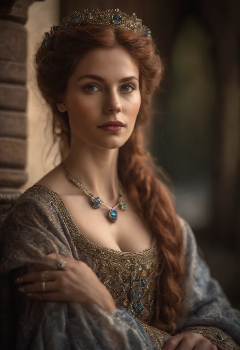 Realistic photo, a realistic photo of 30yo adult medieval woman queen wearing a purple dress, red hair, medieval castle, blue eyes, perfect nose, round face, straight eyebrow,(1girl), (extremely detailed CG unity 8k wallpaper), photo of the most beautiful artwork in the world, professional majestic, (big-breasted:1.6) (photography by Steve McCurry), 8k uhd, dslr, soft lighting, high quality, film grain, Fujifilm XT3 sharp focus, f 5.6, High Detail, Sharp focus, dramatic, (looking at viewer:1.2), (detailed pupils:1.3), (natural light),full body.