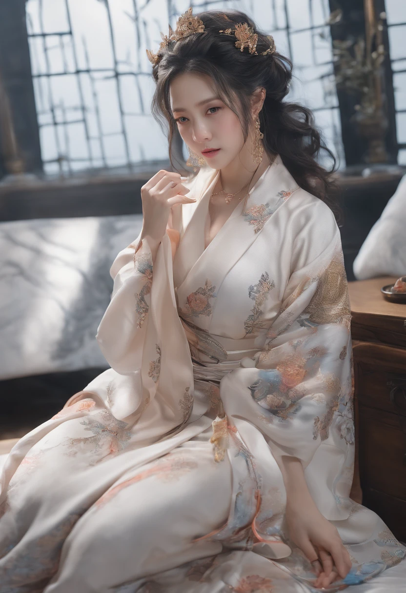 HDR 8K,full bodyesbian,one-girl,cleavage,Super skin,Wear colorful cheongsam and lace,Super clothes texture,Sit on a branch, --auto