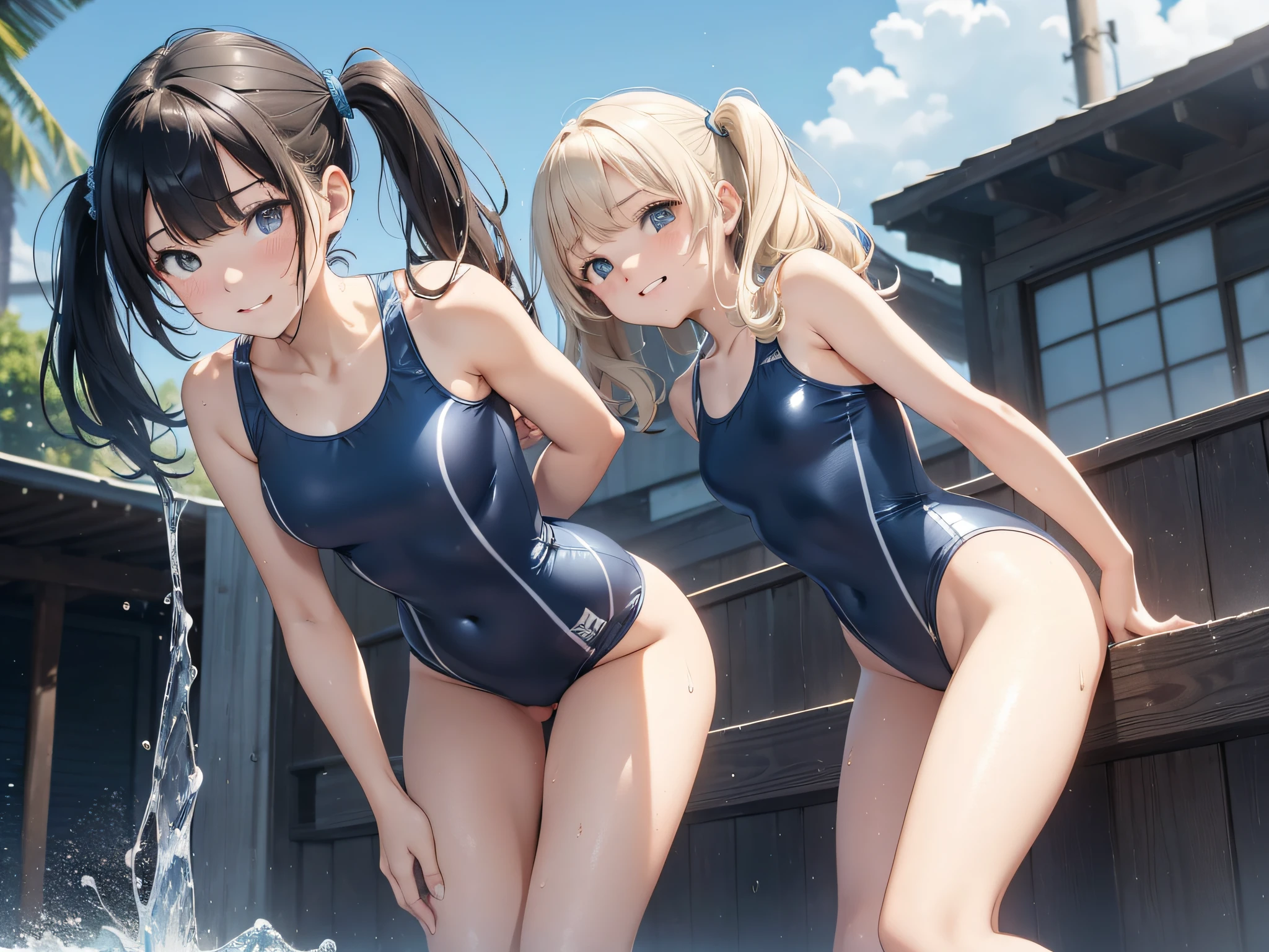 2 girls, (slippery smooth slick gleaming shining glistening seamless texture dark-blue school one-piece swimsuit with white piping line:1.3), medium breasts, , outdoor, Side twin tails, happy kind smile, close up upper body, framed I sharped cleavage focus, from below in front, too oily wet skin, Hold your side chest with both arms, Lower your arms forward, wet clothes, full body, ((bent over backwards deeply:1.3)), skin tight, framed small , double breasted, under bust, fantasy:1.3, too oiled clothes, too oiled skin, little wet see-through