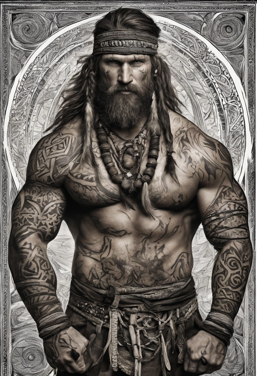 scraggly shirtless tattooed viking shaman, no beard