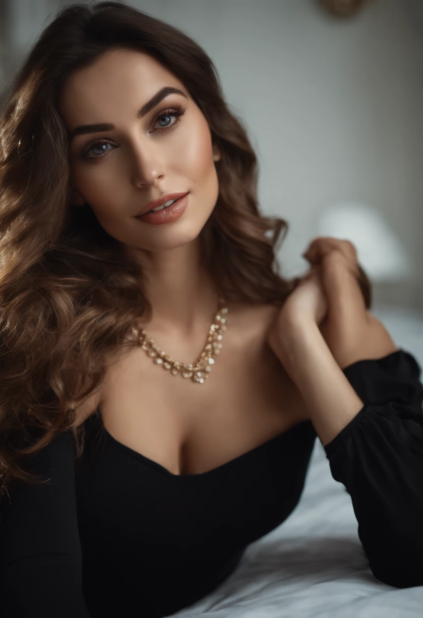 a selfie (masterpiece, best quality), beautiful woman, detailed sleeveless turtleneck, pants, necklace, wavy hair, perfect face, beautiful face, seductive, big beautiful eyes, open mouth, happy, perfect slender body , indoors, lying on a bed