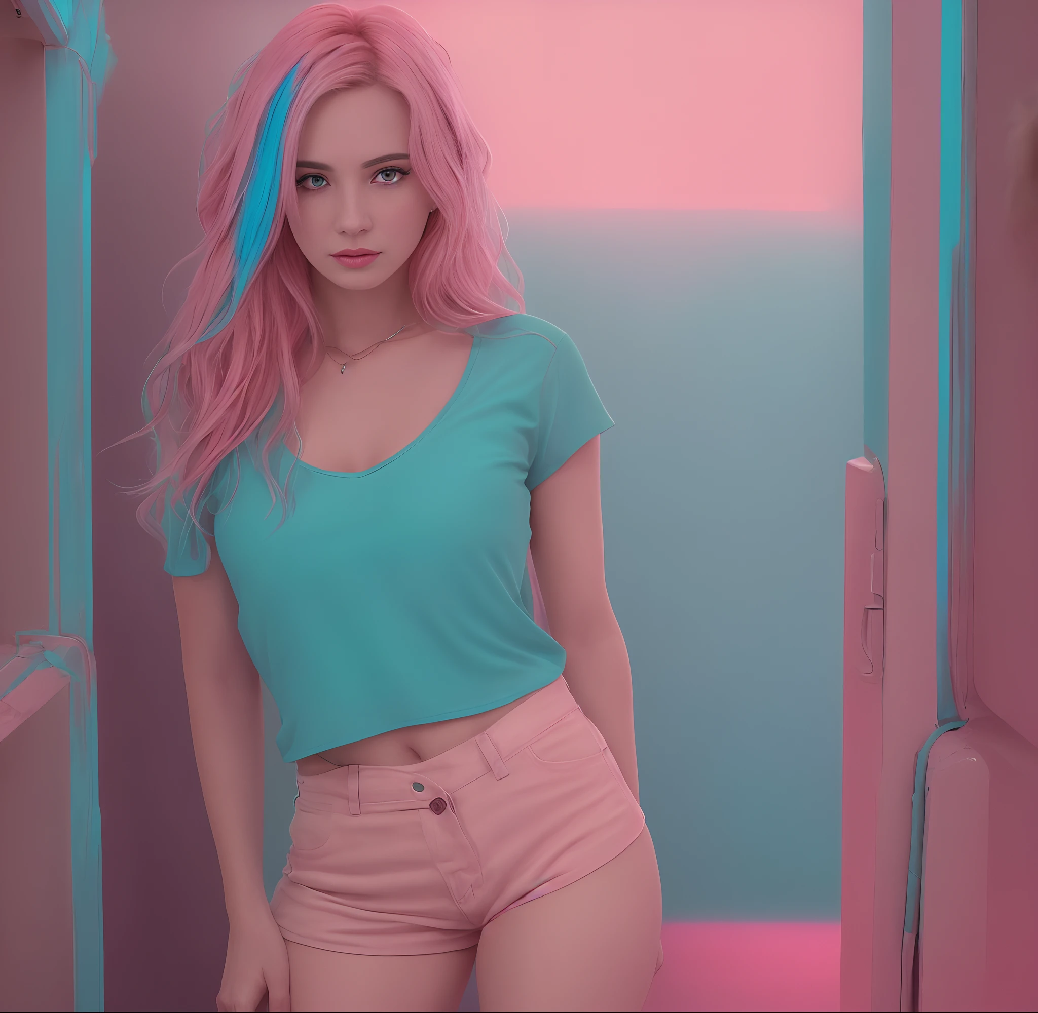 Mulher loira com cabelo rosa posando em um quarto com luzes neon, rosa e azul, cor-de-rosa, alexa grace, azul e rosa, cinematic pastel lighting, ava max, rosa e azul neon, Cores rosa e azul, algum rosa, Amouranth, meninapunk sonhadora, Ross Tran 8 K, deviantart artstation cgscosiety, Cores azul e rosa
