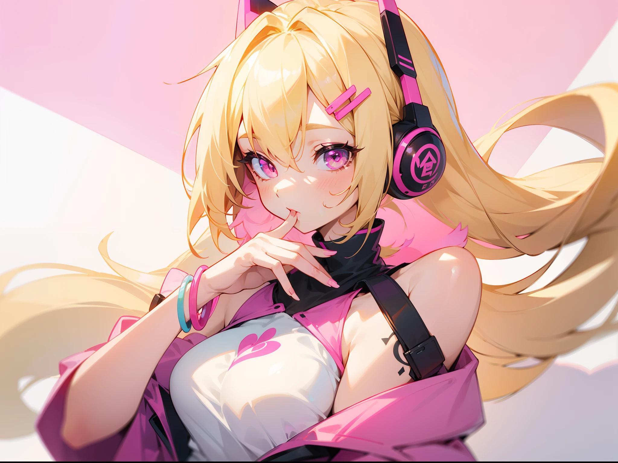 1 girl, blonde hair, blonde woman, long tail, bright pink eyes, pastel colours, big breastes, Cute hair clips, tattoos on body, bracelets on hands, youtuber, headphones、Pink costume、Precise hand shape、