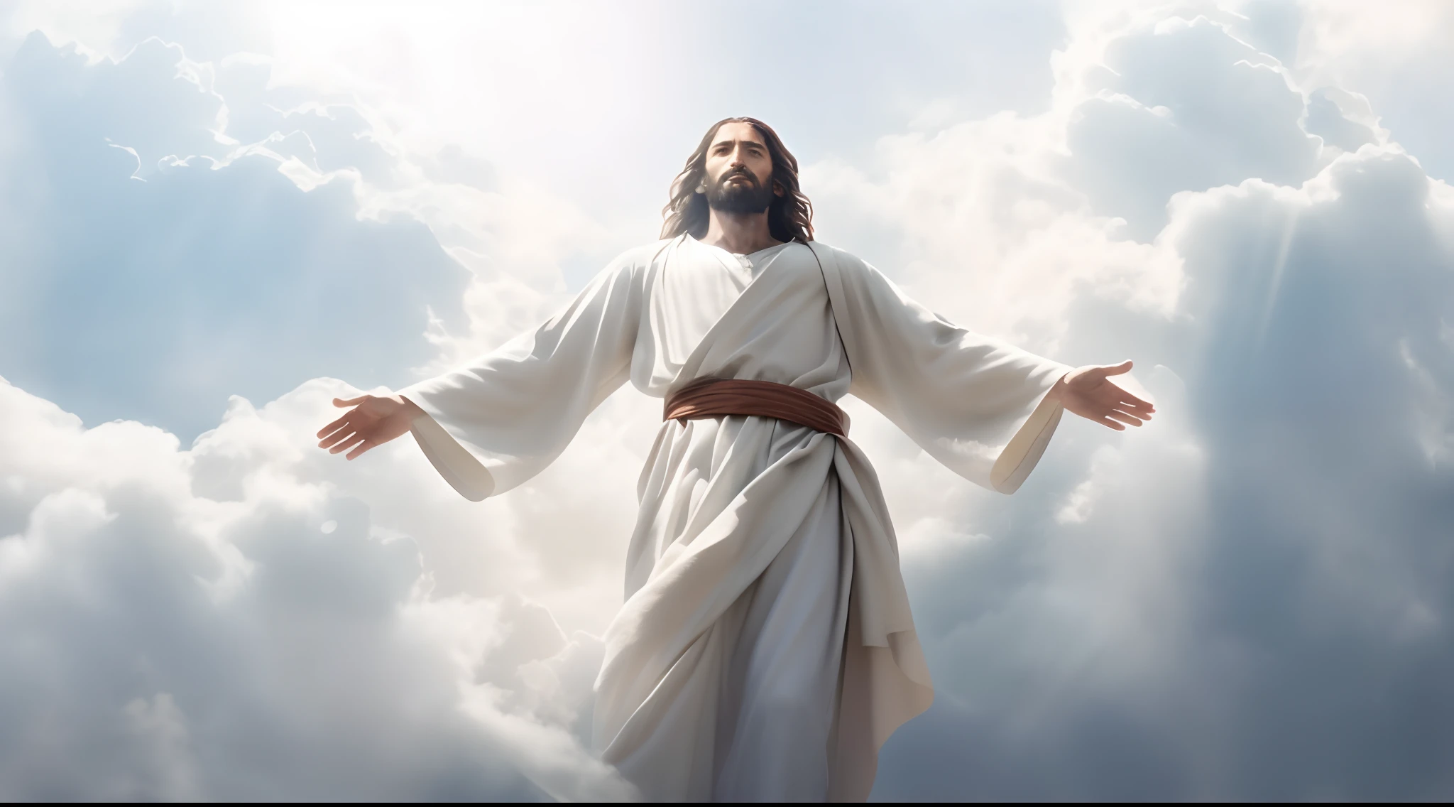 Image of Jesus standing in the clouds with his arms outstretched, Jesus Cristo, Jesus is exuding His glory in light, jesus celestial,  maximum quality, maximum details, imagem realista, ultrarrealista, Maximum quality in everything, 8k