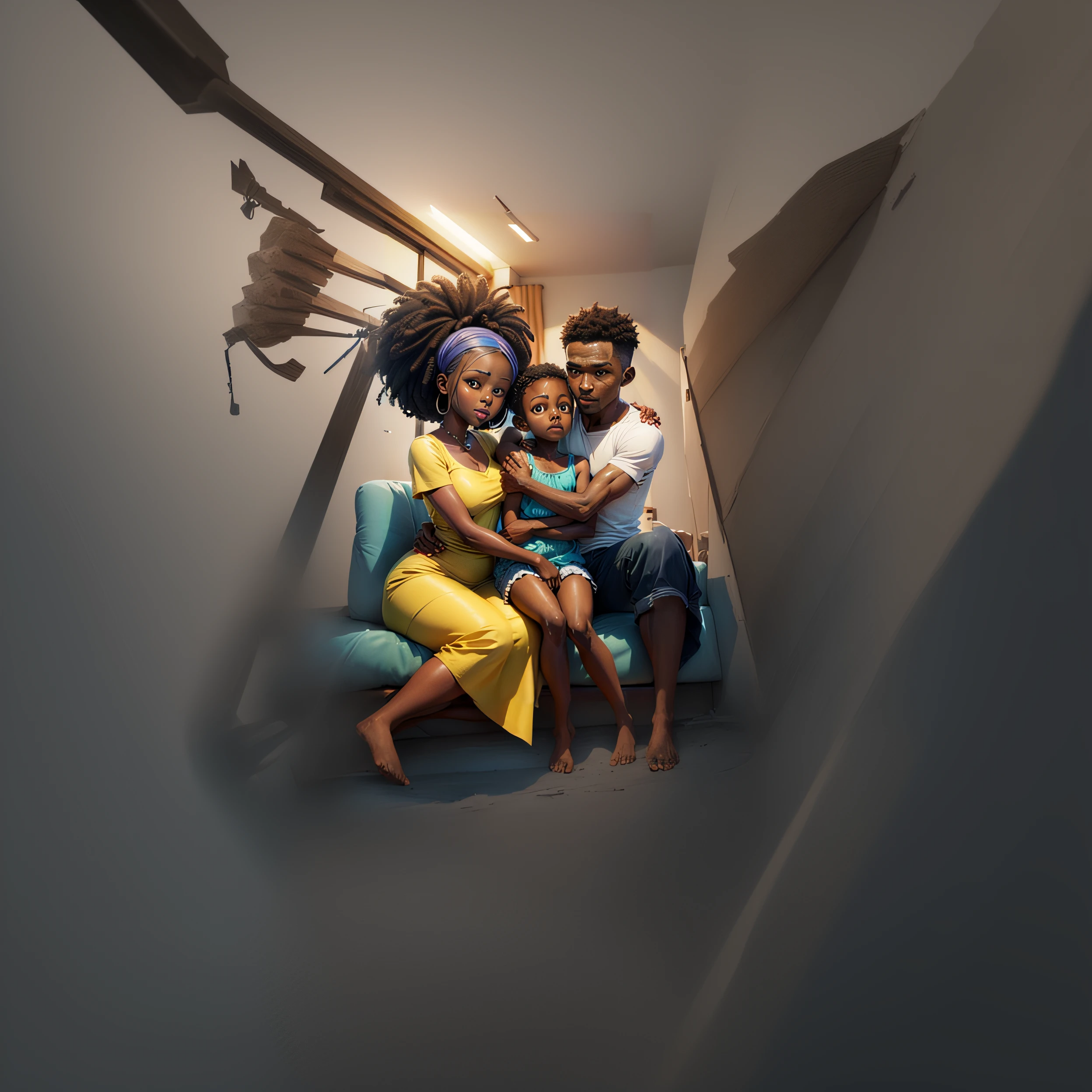 There are three people sitting on a sofa in a room, key art, Portrait Shot, advertising photo, Promotional art, Animation is still, Very realistic 3D illustration, realistic photo", Official Illustration, Promotion, HD display, 1 / 4 personal photos, View photos, Promotional Image, extremely realistic", Detailed portrait shot, Family Portrait, Official HDR artwork, a hyper realistic "