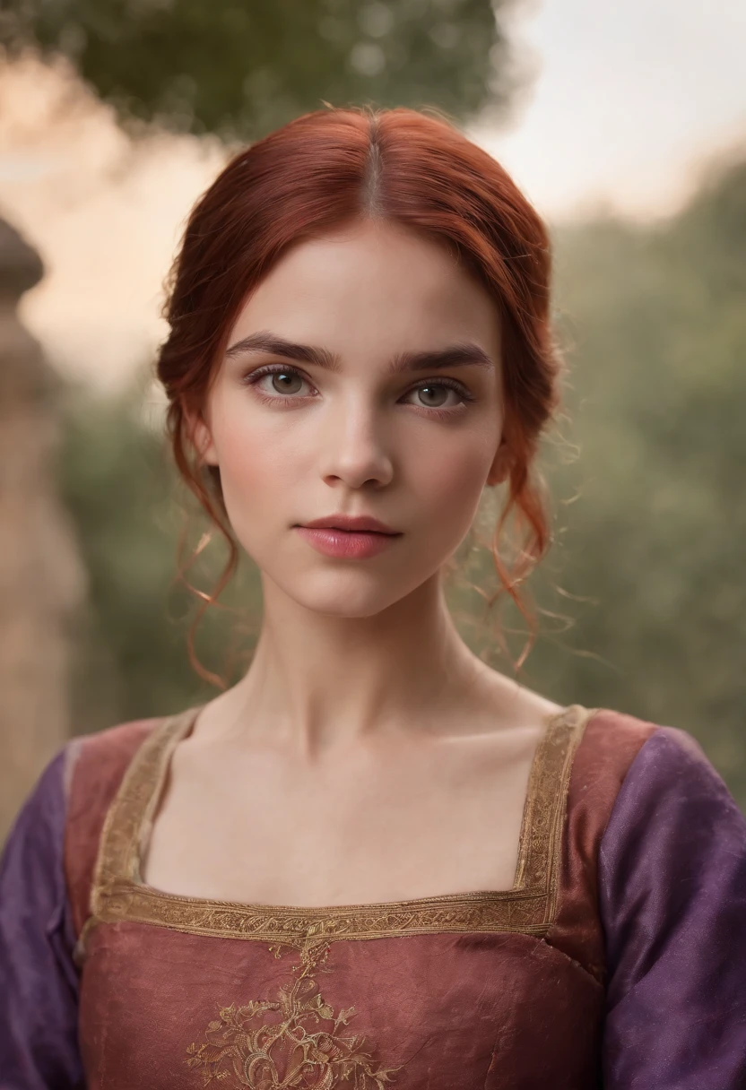 Realistic photo, Uma foto realista de 15yo mulher medieval adulta rainha usando um vestido roxo, red hair, castelo medieval, olhos azuis, nariz perfeito, Rosto redondo, sobrancelha reta,(1girl), (extremamente detalhado CG unidade 8k papel de parede), foto da obra mais bonita do mundo, profissional majestoso, (peito grande:1.6) (fotografia de Steve McCurry), 8k UHD, DSLR, soft lighting, alta qualidade, filmic grain, Fujifilm XT3 sharp focus, f 5.6, High detail, foco nítido, Dramatic, (Olhando para o Viewer:1.2), (alunos detalhados:1.3), (luz natural),corpo inteiro.