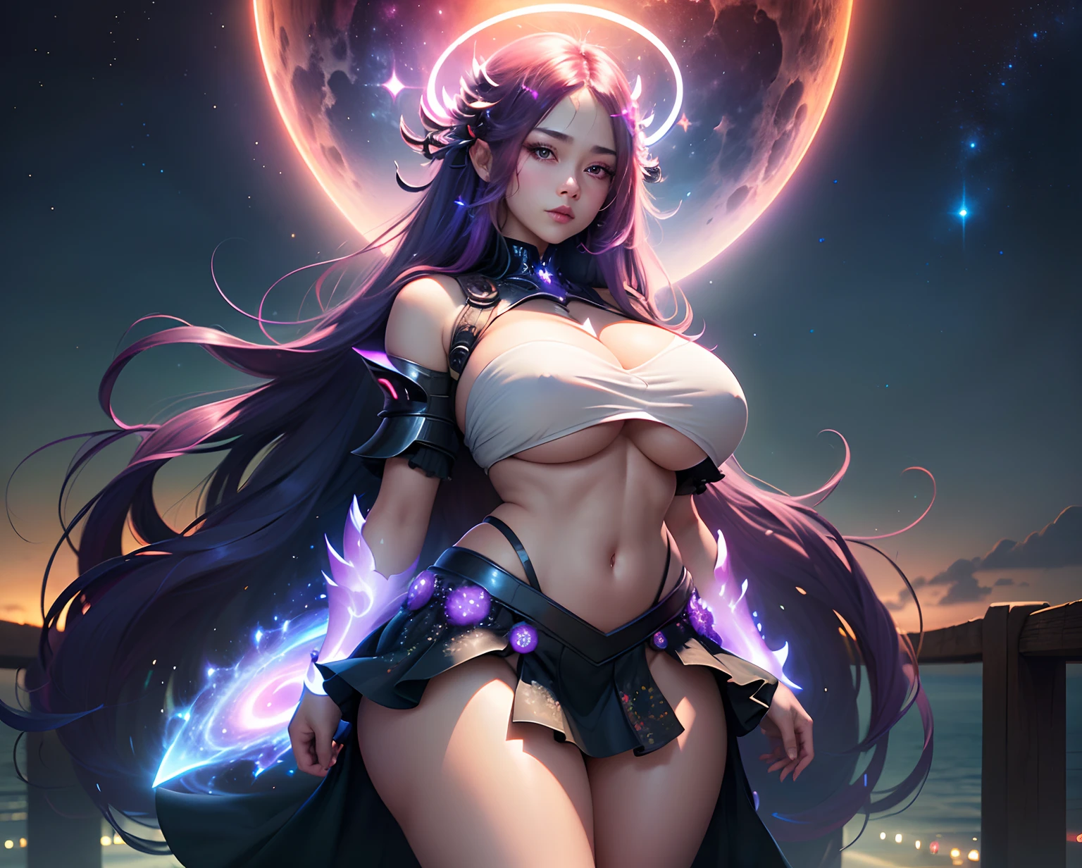 long hair, short vivid intricate clothing, skirt, crop top, Thick thighs, busty babe, (curvy), narrow waist, standing outside in the middle of a bridge, gigantic breast , hands closed,  melonccholy, nudity, low light, night, glowing particles, ((glowing halo)) around her, Night sky filled with stars, nebulae, vivid light, supernova