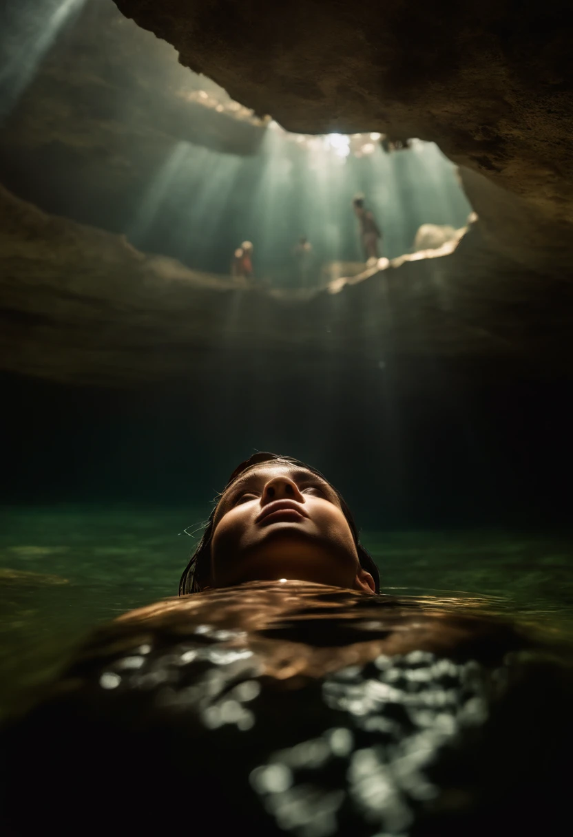 severed head cut off from girl flying as two boys look at it hovering above them in a cenote