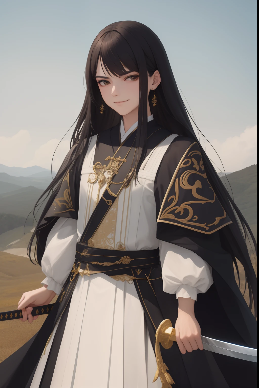 NSFW, obra-prima, melhor qualidade, ultra-detalhado, semi-realista, detailedfacialfeatures, 1st grade, cabelo negro, cabelo longo sedoso, Olhos vermelhos, Wearing old Hunfa Xianxia clothes standing on top of a hill holding a sword, wry smirk, cheia de seguidores, admirada por seus discipulos