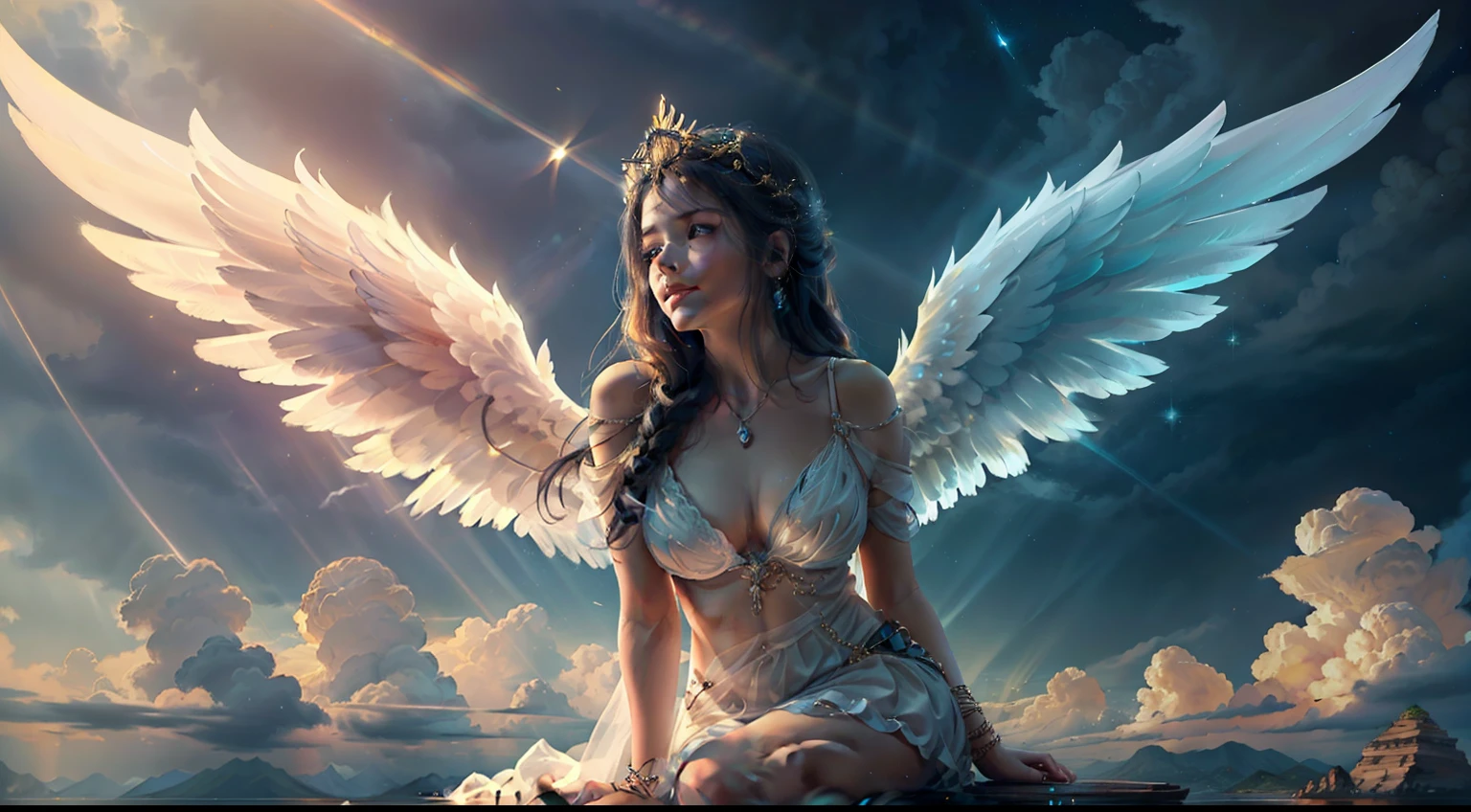The busty angel must have a serene and majestic appearance, (big breasts), with bright white wings extending backwards. Your features should convey a calm and angelic expression, with soft eyes and a soft smile on his lips. The angel will be sitting or floating on a soft, fluffy cloud, rodeado por um leve brilho celestial. Your hands should be expertly positioned, dedilhando as cordas da harpa com graciosidade. A harpa deve ser representada com detalhes elegantes, com cordas douradas brilhantes e um formato delicado. The soft light will envelop the angel, destacando suas asas e criando uma atmosfera celestial. The scenery may include additional clouds and gentle rays of sun that cross the sky, Creating a Celestial and Magical Environment. Por favor, Try to capture the sense of serenity, Beauty and harmony in this illustration. Feel free to add your own artistic style and creativity to the drawing. Aguardo ansiosamente para ver o resultado final dessa maravilhosa imagem de um anjo tocando harpa."