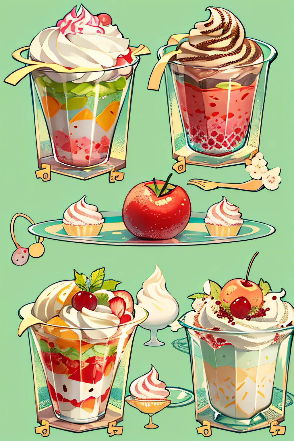 Q version、Cartoony、icecream、morango、cream-colored、cherrie、glass、Top-down view