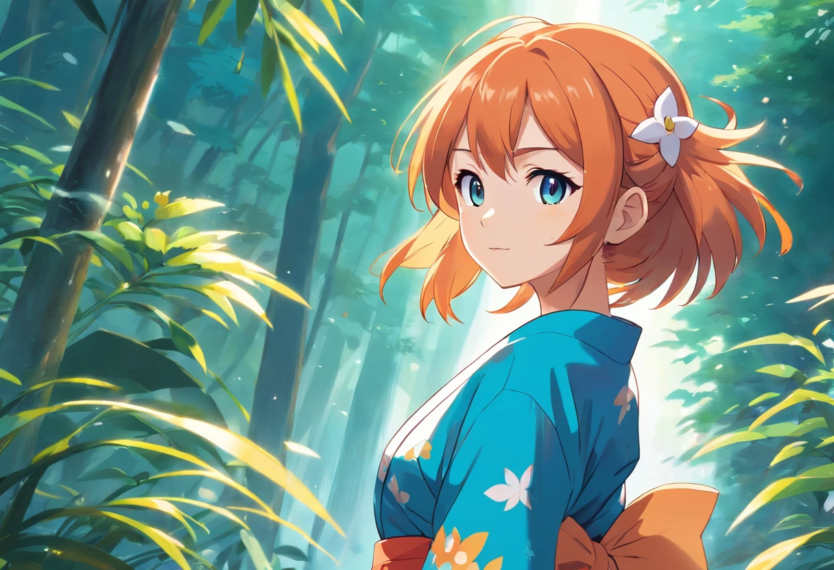 misty from pokemon, wears a yukata, medium shot, stunning, orange hair colour