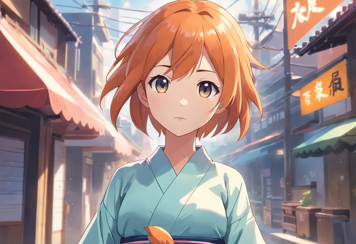 misty from pokemon, wears a yukata, medium shot, stunning, orange hair colour