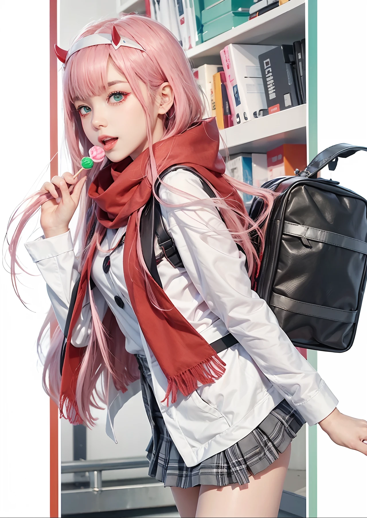 zero two \(darling in the franxx\), food, scarf, red scarf, candy, bag, lollipop, horns, school bag, pink hair, hairband, white hairband, long hair, school uniform, holding food, bag charm, plaid, holding, skirt, plaid skirt, open mouth, holding candy, looking at viewer, enpera, petals, jacket, 1girl, eyebrows visible through hair, shoulder bag, hiro \(darling in the franxx\), blush, green eyes, pink scarf, bangs, pleated skirt, charm \(object\), holding lollipop, smile, cowboy shot, solo focus