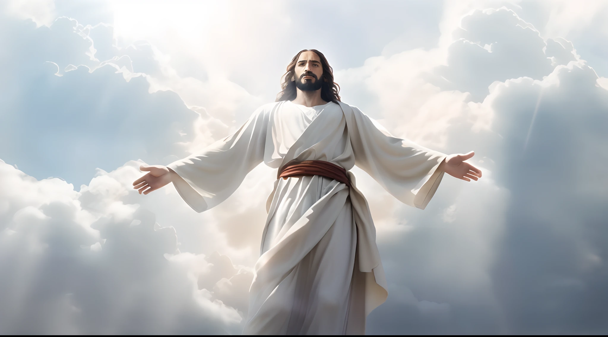 Image of Jesus standing in the clouds with his arms outstretched, Jesus Cristo, Jesus is exuding His glory in light, Jesus Celestial,  maximum quality, maximum details, imagem realista, ultrarrealista |, Maximum quality in everything, 8k, maximum quality and detail