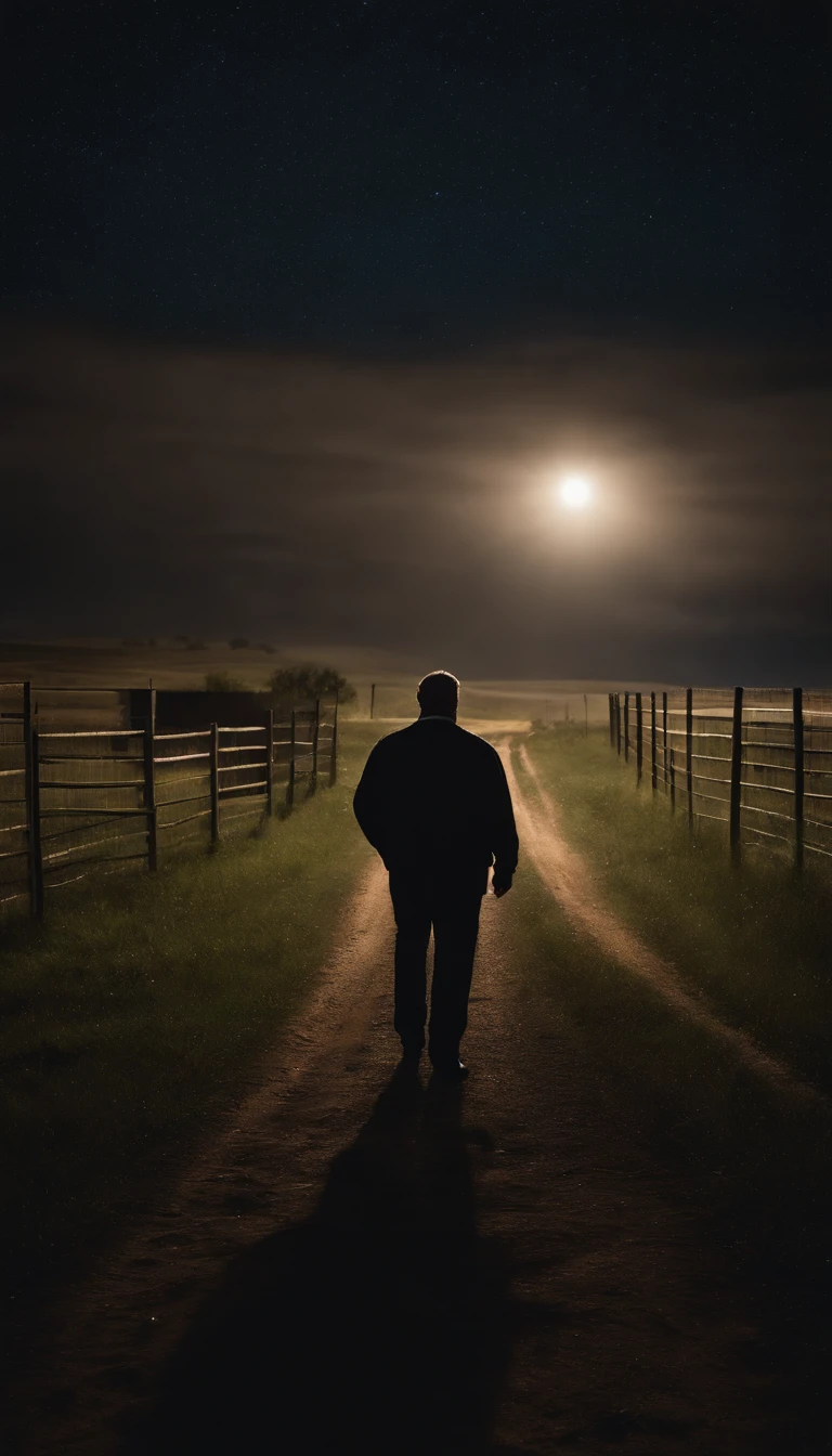 midnight photograph of a large man standing, seen from behind, observing an intersection (((dirt crossroads))) between 2 rural dirt streets.  around wire fences and pasture.  the sky is clean and starry.  cinematic