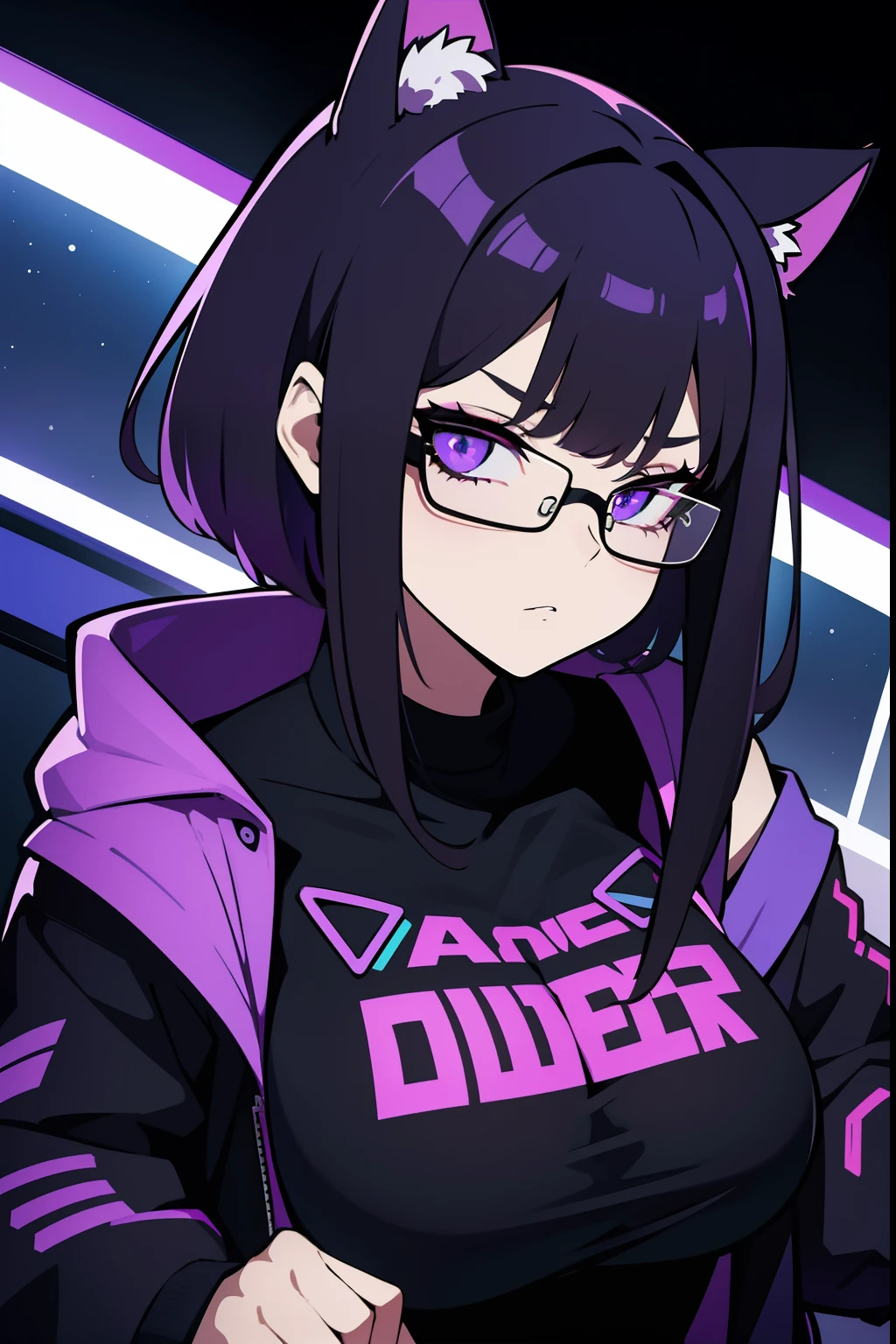 Cyberpunk mommy vibe a little chubby hot girl gamer hacker with purple and black jacket clothes ,with glasses with cat ears, com 22 anos de idade, olhos violetas brilhando, shoulder-length black short medium hair with purple tips, and serious expression