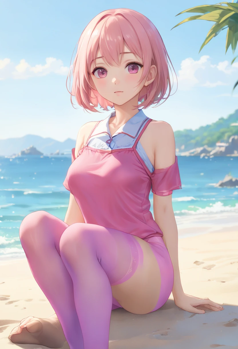 杰作级别的，最高画质，小萝莉，，school swimsuit,slipper，双马尾,sitting on ground,beach,全身，((萌态十足,cute))，性感，蓝色长发，大胸部,超透视，(thighband pantyhose,pink pantyhose:1.3)，,,((textured skin, anatomically correct, masterpiece, UHD, ccurate, high details, super detail, high quality, best quality, highres, 1080P)),outdoors,(，皮肤光泽，皮肤质量,full body:1.6)(:1.3), (Loli), (Fair Skin, (Beautiful Girl: 1.5), (Skin Quality: 1.5), (Glossy Skin: 1.3), (Beautiful Girl), (Superb Body), Short Hair, (Straight Hair), ((rose Hair)), Hair with Beautiful Details,柔和光，