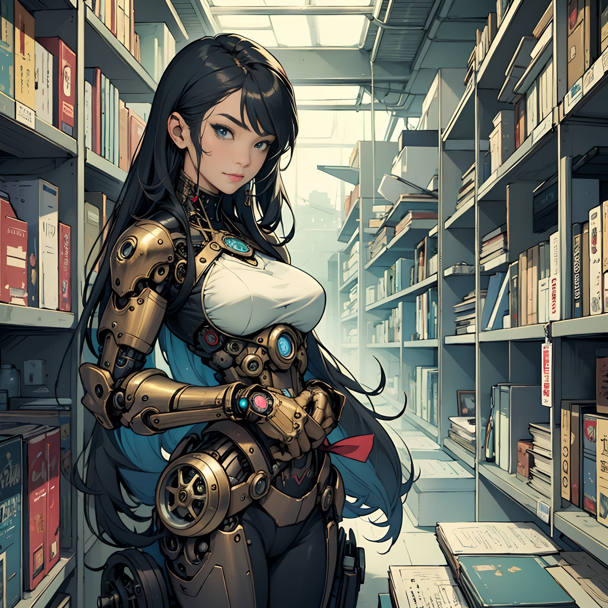 Asian woman half cyborg steampunk surrounded by books. Realista, alta qualidade --auto --s2