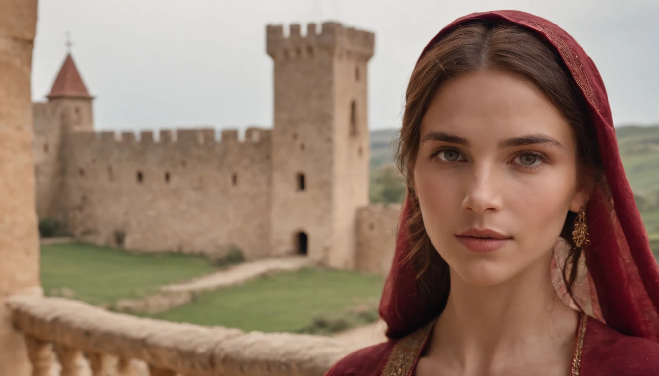 Realistic photo, Uma foto realista de 12yo mulher medieval adulta rainha usando um vestido roxo, red hair, castelo medieval, olhos azuis, nariz perfeito, Rosto redondo, sobrancelha reta,(1girl), (extremamente detalhado CG unidade 8k papel de parede), foto da obra mais bonita do mundo, profissional majestoso, (peito grande:1.6) (fotografia de Steve McCurry), 8k UHD, DSLR, soft lighting, alta qualidade, filmic grain, Fujifilm XT3 sharp focus, f 5.6, High detail, foco nítido, Dramatic, (Olhando para o Viewer:1.2), (alunos detalhados:1.3), (luz natural),corpo inteiro.