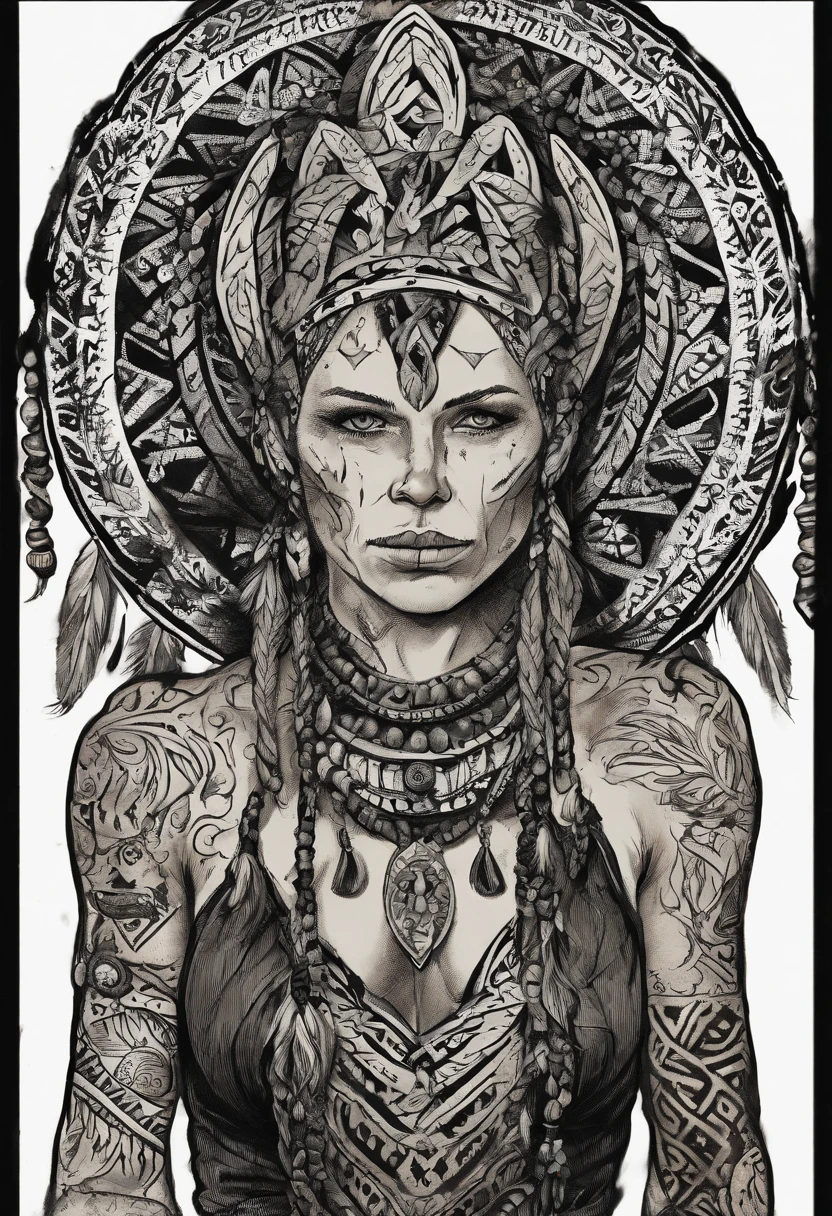 white haired scraggly shirtless tattooed female viking shaman, has glowing tattoos, wearing light leather armor