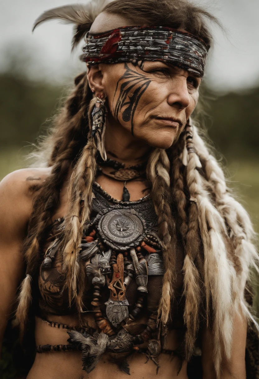 bald scraggly shirtless tattooed female viking shaman