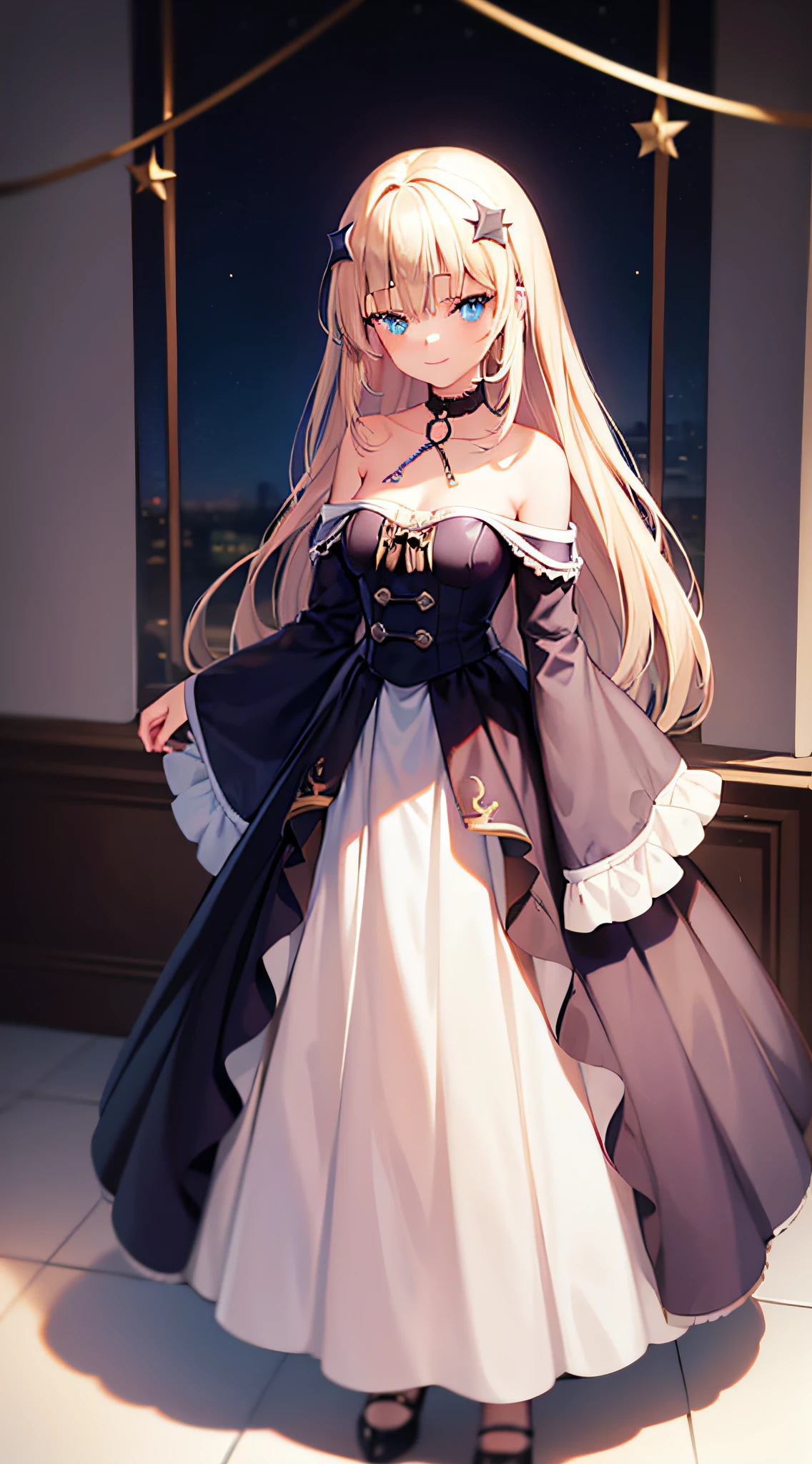 1 girl,blue eyes, blonde hair, twin drills, bangs pinned back, hair ornament, crescent hair ornament, forehead jewel, aqua eyes, star hair ornament, seductive smile,choker necklace，tall nose bridge，Western European looks，Light red short-sleeved long skirt，Full body like